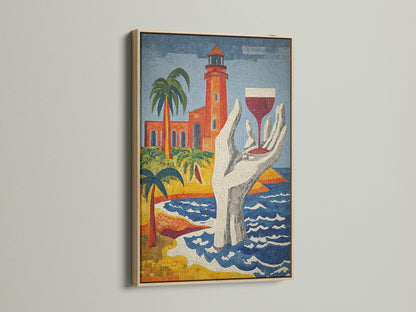 A captivating lighthouse mosaic art print in an oak frame. This coastal wall art adds a Mediterranean touch. The artwork features tile art. It's ideal for beach house decor. The art brings a nautical seaside feel.
