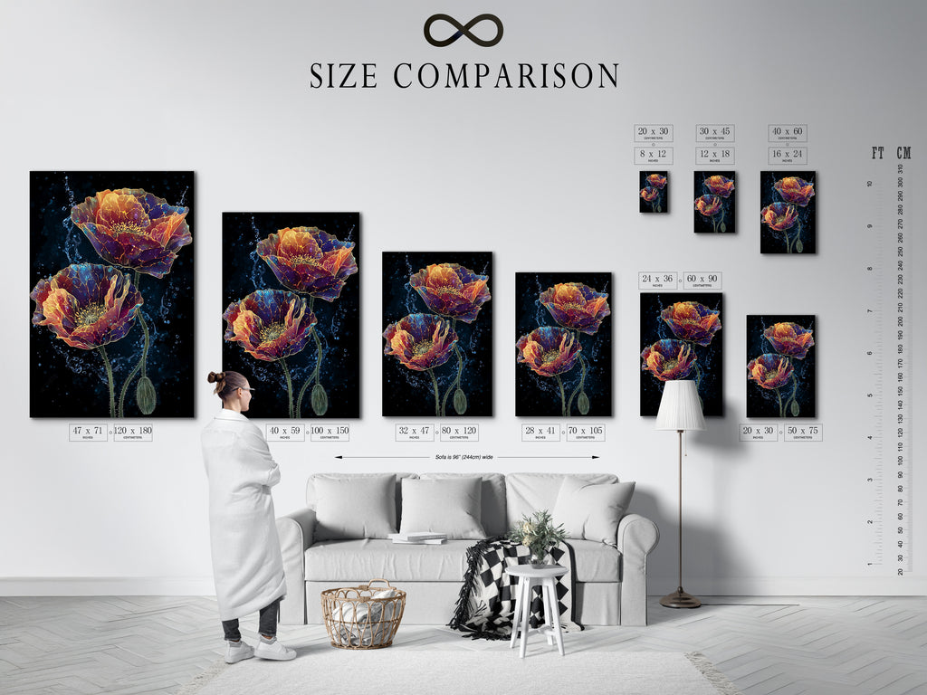 A size comparison chart is displayed in an interior setting. This chart helps visualize the different sizes of our artwork in a real room. Perfect for planning your wall decor and choosing the ideal size for your space. Explore our range of sizes and find the perfect fit.