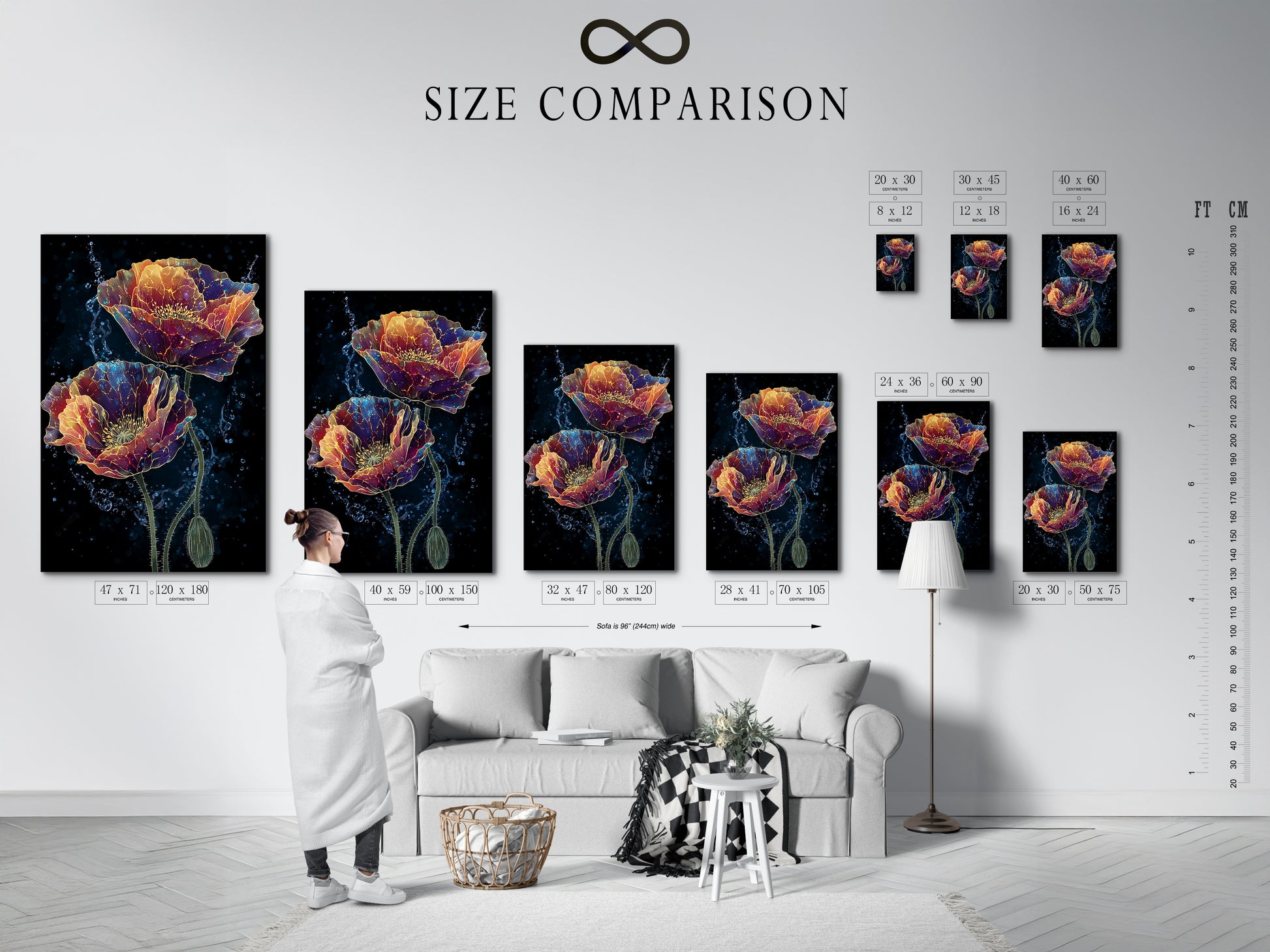 A size comparison chart is displayed in an interior setting. This chart helps visualize the different sizes of our artwork in a real room. Perfect for planning your wall decor and choosing the ideal size for your space. Explore our range of sizes and find the perfect fit.