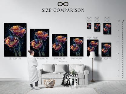 A size comparison chart is displayed in an interior setting. This chart helps visualize the different sizes of our artwork in a real room. Perfect for planning your wall decor and choosing the ideal size for your space. Explore our range of sizes and find the perfect fit.