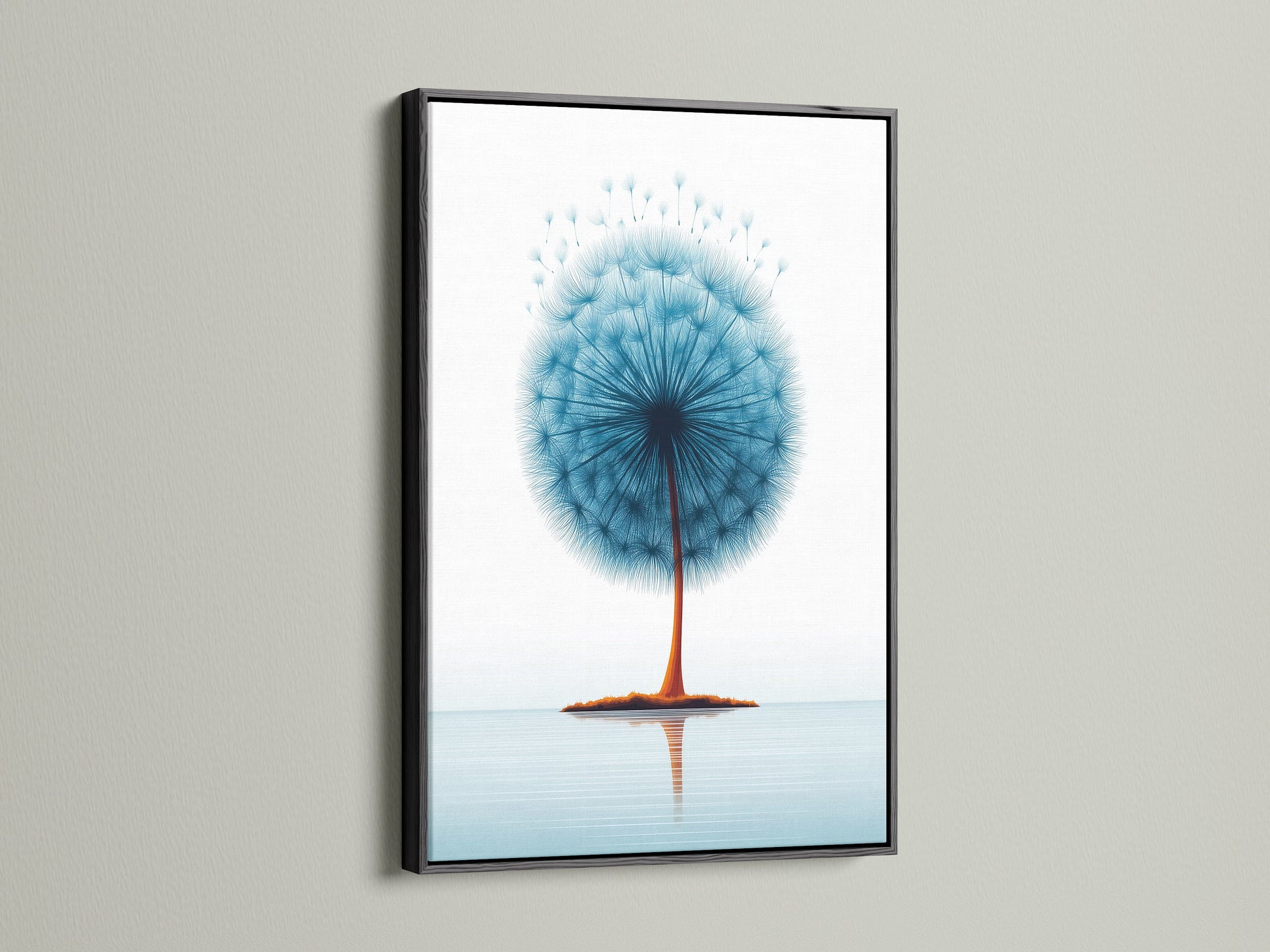 Dandelion teal blue botanical art in a black frame. The black frame offers a modern touch. Minimalist floral artwork for bedroom decor. A stunning flower nature print. Blue home decor complements scandi style art.