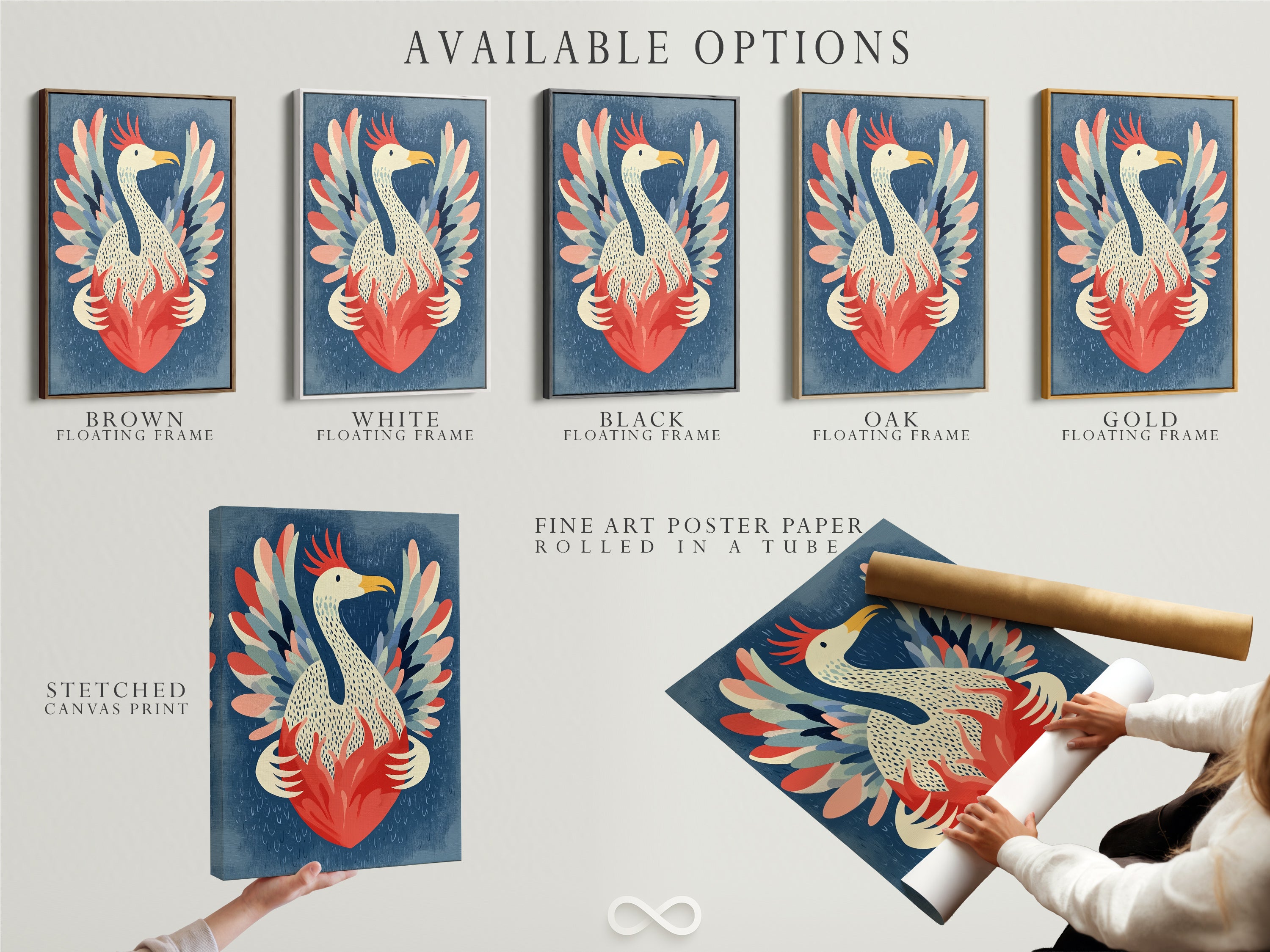 Available options for the Phoenix Bird art. Choose between stretched canvas print fine art poster paper or floating frame. Customize your artwork to match your style. Find the perfect fit for your space.