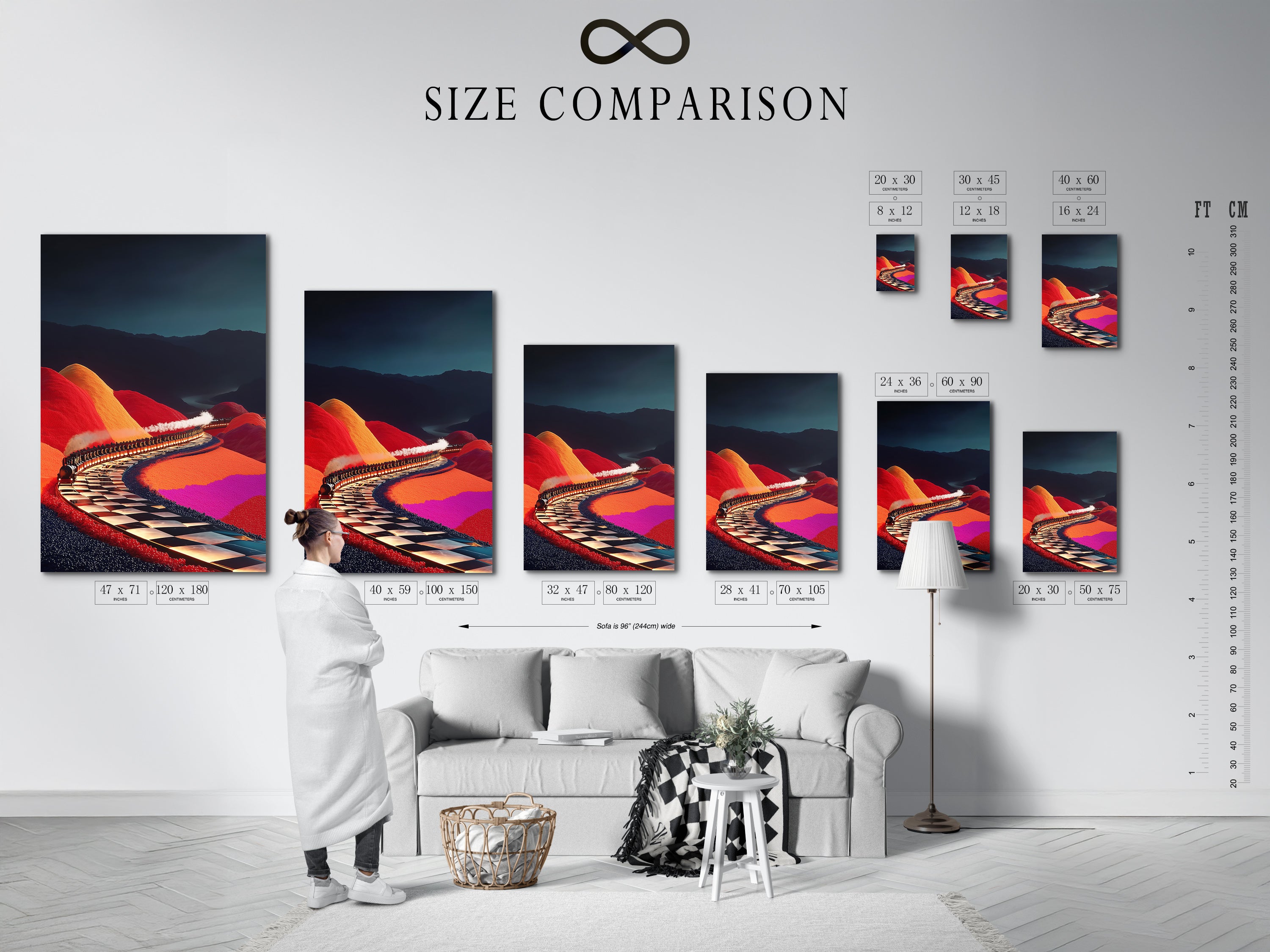 Size comparison chart featuring the Surreal Train Ride artwork in an interior setting. See how this colorful landscape wall art fits in your space. The whimsical journey artwork enhances any room's decor. Choose the perfect size for your train wall art. Ideal for game rooms and living spaces.
