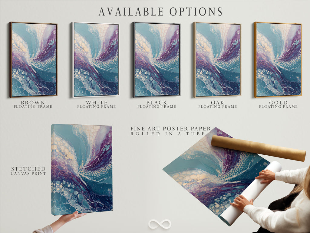 The image presents available options for abstract fluid art. Options include stretched canvas prints fine art poster paper and floating frames. Teal and purple colors are featured. Choose the perfect format to showcase this modern artwork. Enhance your home with these elegant art options.