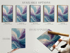 The image presents available options for abstract fluid art. Options include stretched canvas prints fine art poster paper and floating frames. Teal and purple colors are featured. Choose the perfect format to showcase this modern artwork. Enhance your home with these elegant art options.