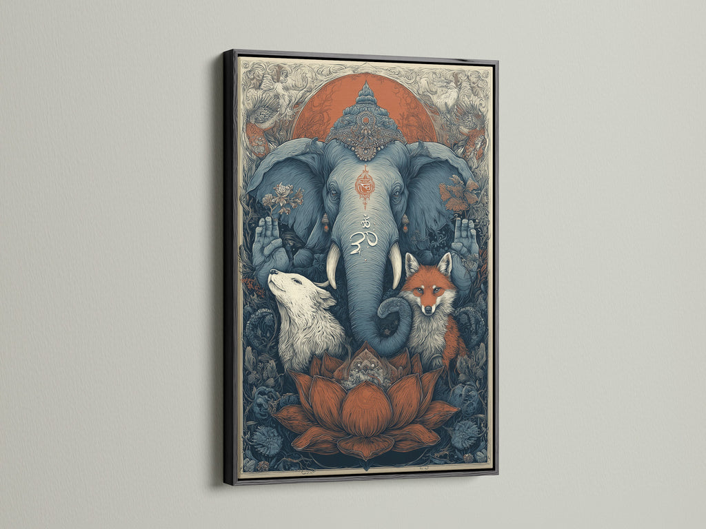 Sacred Animals art print in a black frame. Features spiritual wall art with an elephant a wolf and a fox. This meditation room art has a bohemian vibe. The Om symbol print adds a spiritual touch. Find boho bedroom art and mystical artwork for your home decor.