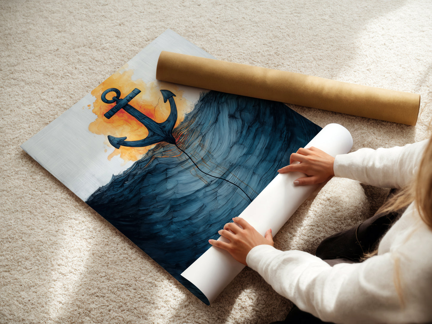 A woman carefully rolling a fine art poster paper print. The art features an anchor and ocean waves. Our fine art posters bring the beauty of the ocean to your walls. Perfect for nautical enthusiasts and coastal lovers.