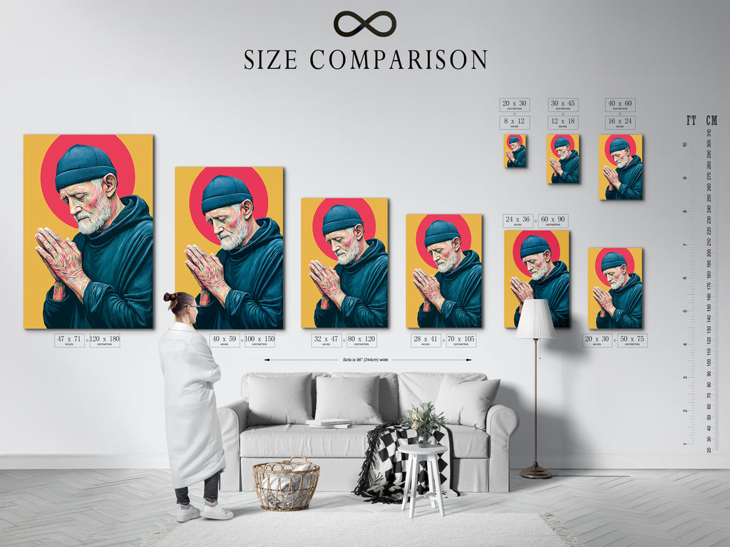 A size comparison chart in an interior setting. It features the Praying Man spiritual canvas. See how different sizes fit your living room office or meditation room. Choose the perfect scale for your wall art.