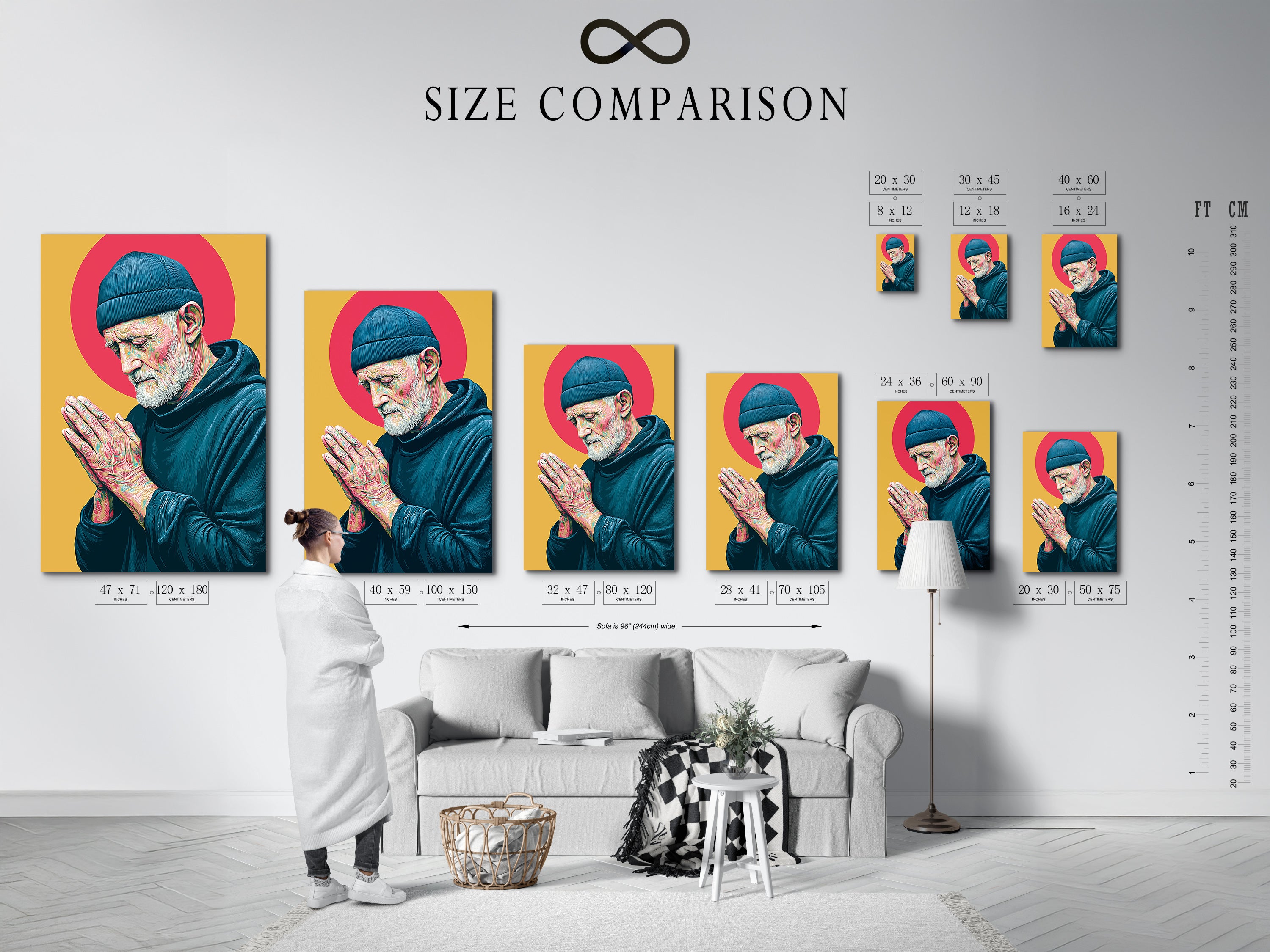 A size comparison chart in an interior setting. It features the Praying Man spiritual canvas. See how different sizes fit your living room office or meditation room. Choose the perfect scale for your wall art.