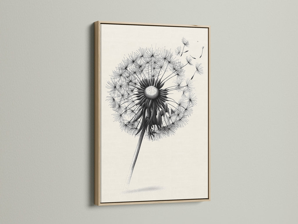 A dandelion artwork is showcased in an oak frame. The frame enhances the artwork. It brings warmth and character to the artwork. The oak frame provides a natural and timeless look. It is a great choice for displaying your favorite prints or photos. Perfect for creating a focal point.