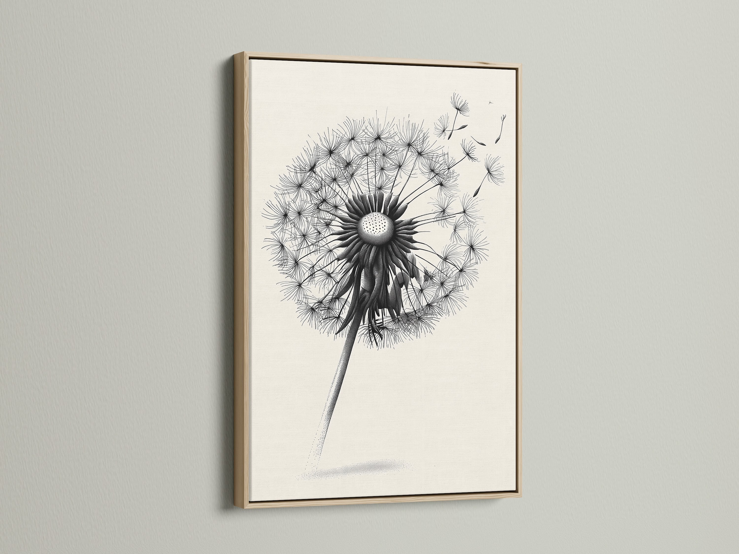 A dandelion artwork is showcased in an oak frame. The frame enhances the artwork. It brings warmth and character to the artwork. The oak frame provides a natural and timeless look. It is a great choice for displaying your favorite prints or photos. Perfect for creating a focal point.
