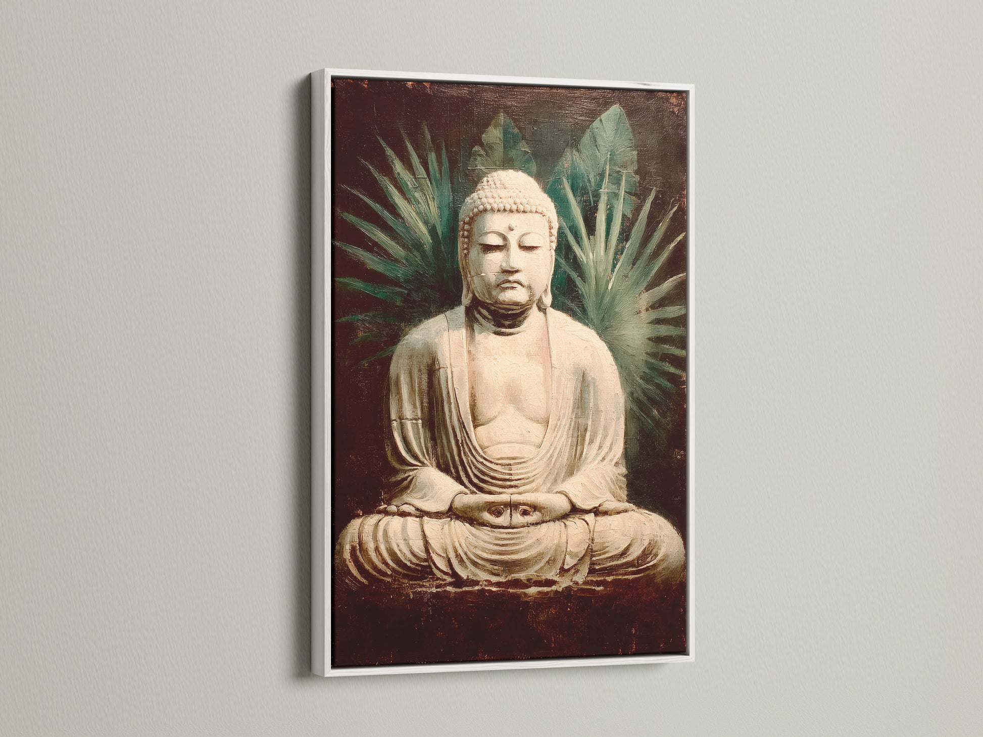 Discover the serenity of vintage Buddha artwork in a white frame. The spiritual print is ideal for meditation spaces. The white frame gives a clean modern look. This zen wall decor brings peace. A calming art for yoga studios and homes.