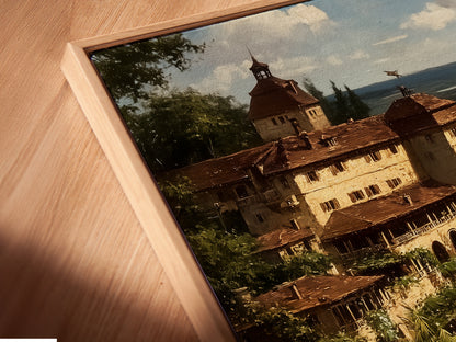 This is a close-up of a canvas print in a floating frame. The artwork showcases a beautiful coastal village scene. The floating frame gives the art a modern gallery look. It enhances the Mediterranean decor and sea view canvas.