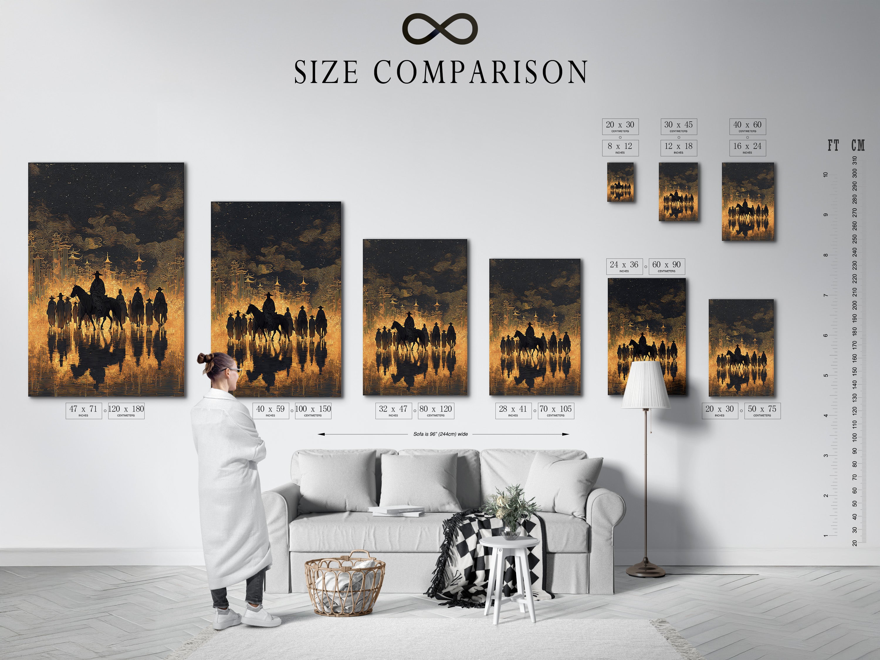Size comparison chart in an interior setting. Visualize how Western Cowboys canvas print fits your space. Available in multiple sizes to suit your needs. A great way to plan your wall decor.