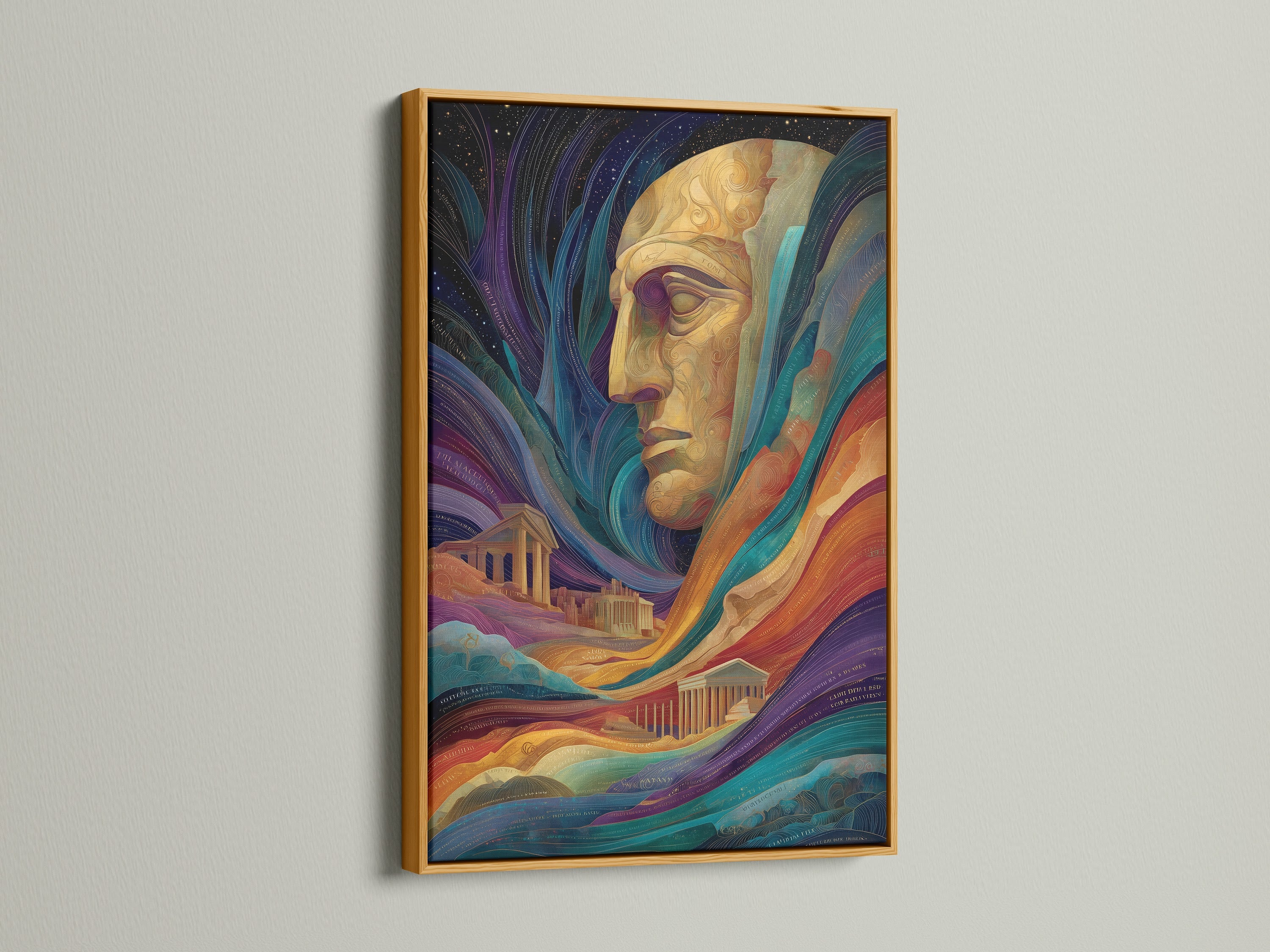 A surreal portrait artwork is displayed in a gold frame. The artwork features a colorful abstract face. The artwork would be great as psychedelic digital art for modern office decor. The style is contemporary. The primary color is gold and the secondary color is blue
