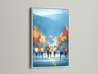 Framed marathon runners artwork with a white frame. This running canvas print adds a modern touch to any room. The artwork displays an autumn running scene with group runners. Enhance your living room or training room with this sports artwork.