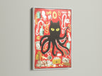 The black cat octopus artwork is shown in a white frame. This surreal animal art stands out. The white frame enhances its eclectic style. It is great for home and office spaces.