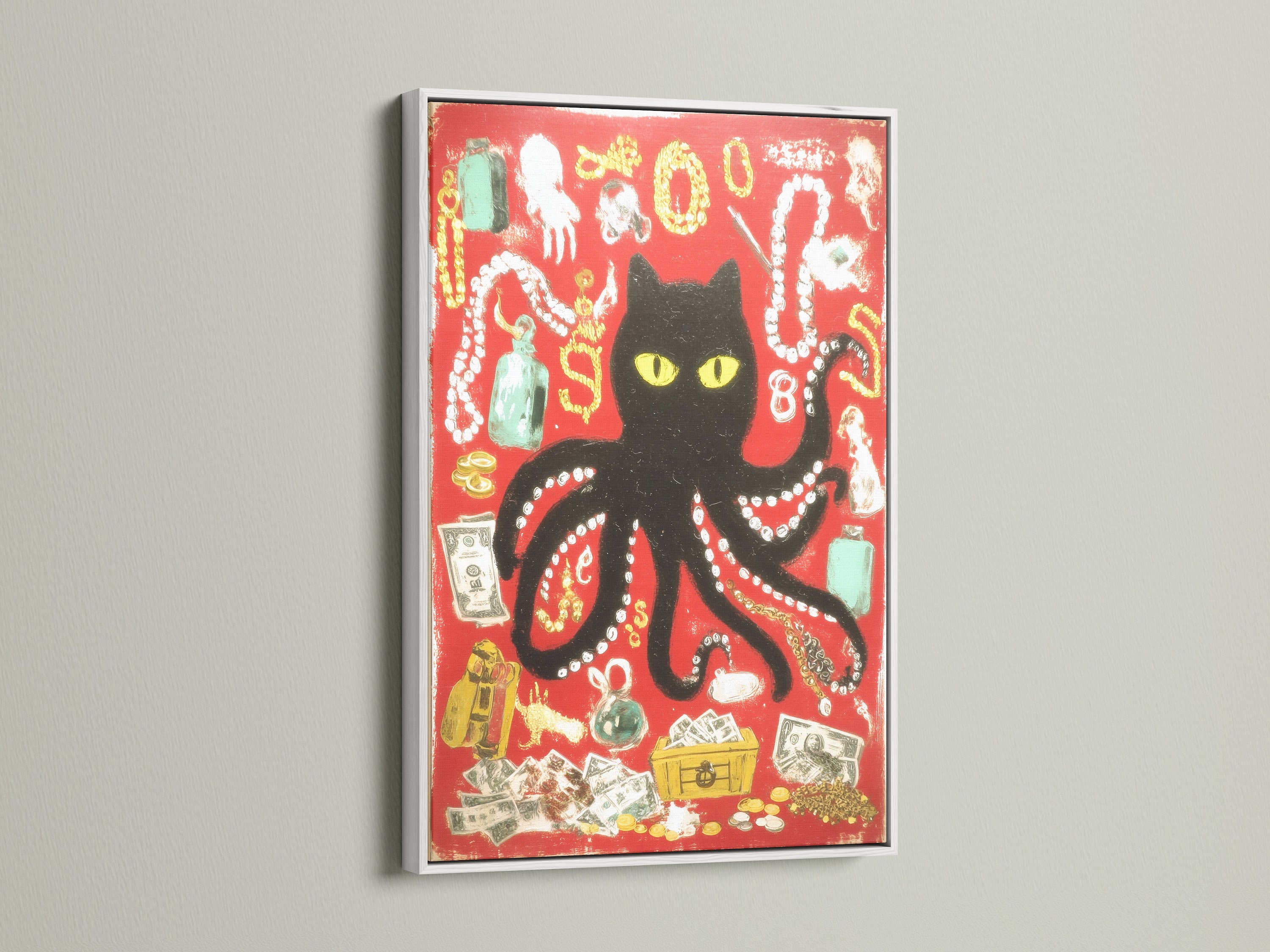 The black cat octopus artwork is shown in a white frame. This surreal animal art stands out. The white frame enhances its eclectic style. It is great for home and office spaces.