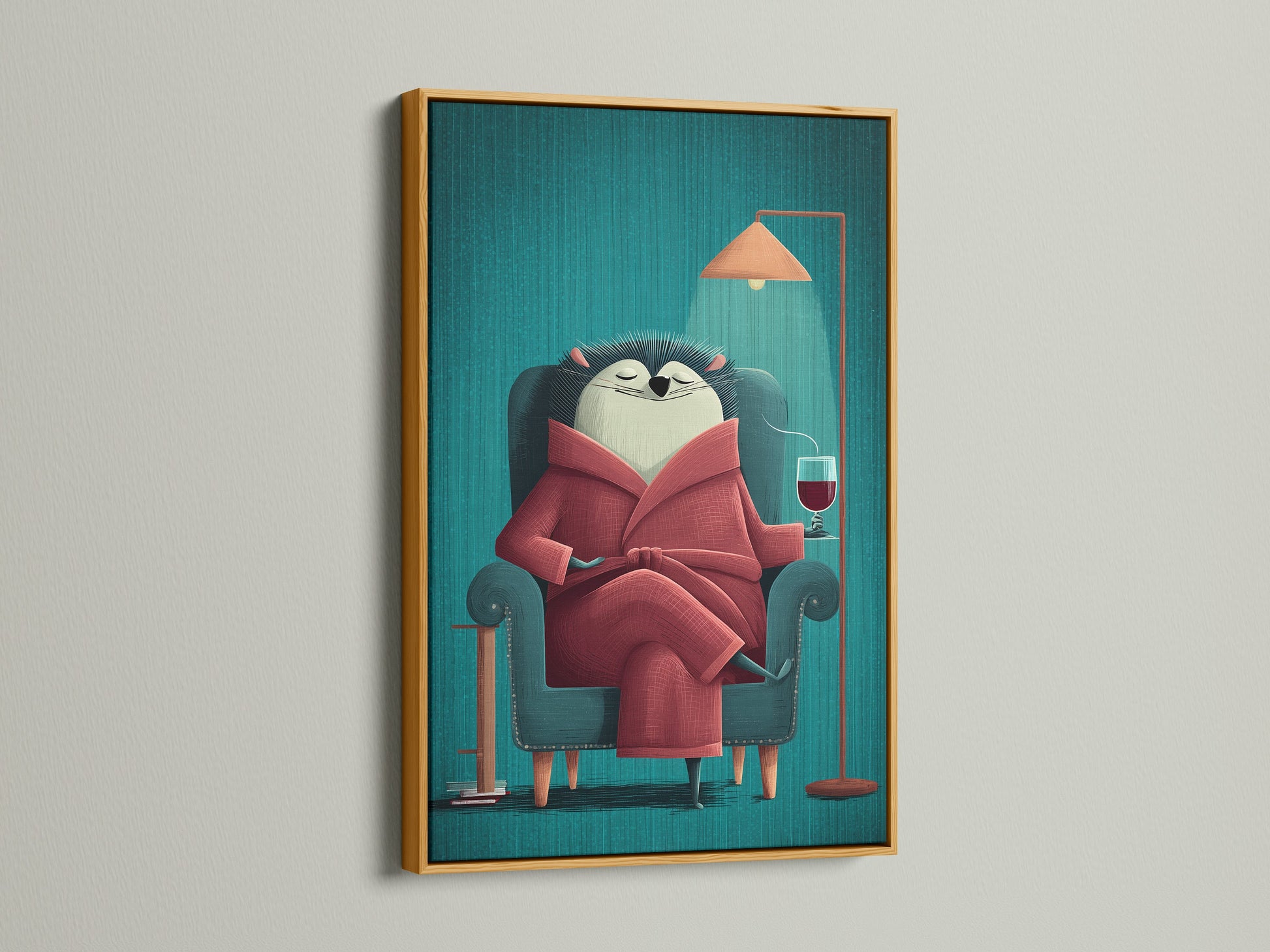 The Reading Hedgehog artwork is in a luxurious gold frame. The gold frame enhances the art's rich colors. The gold frame makes it a standout piece. Ideal for adding a touch of elegance to any room. This literary wall art is great for art collectors.