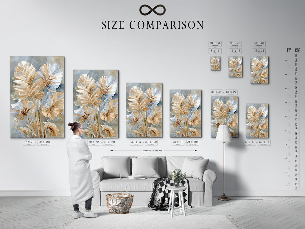 A size comparison chart for artwork displayed in a modern interior. The artwork is a beige and blue neutral floral. The art is modern botanical. It would look great in minimalist Scandinavian or contemporary spaces.