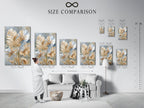 A size comparison chart for artwork displayed in a modern interior. The artwork is a beige and blue neutral floral. The art is modern botanical. It would look great in minimalist Scandinavian or contemporary spaces.