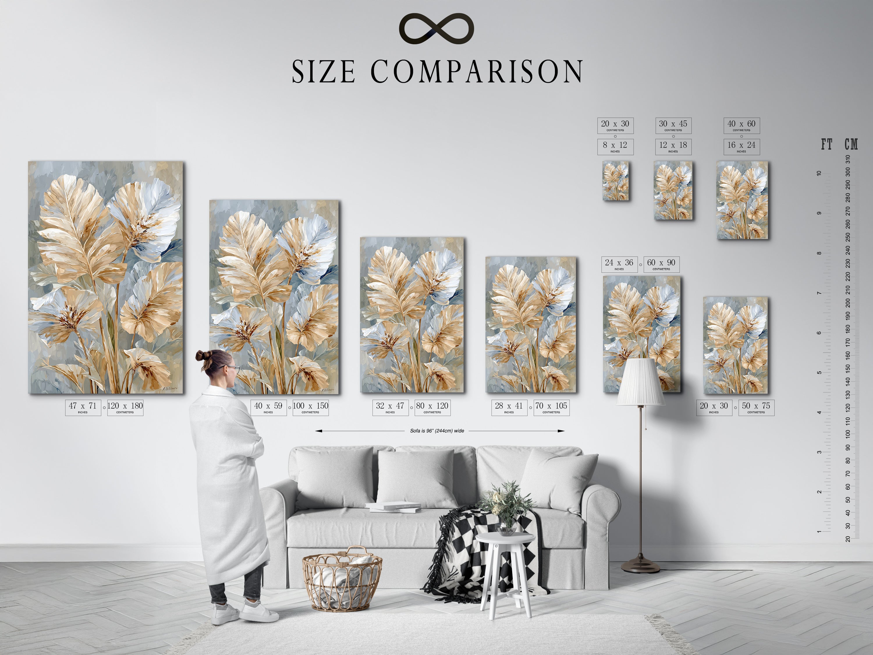 A size comparison chart for artwork displayed in a modern interior. The artwork is a beige and blue neutral floral. The art is modern botanical. It would look great in minimalist Scandinavian or contemporary spaces.
