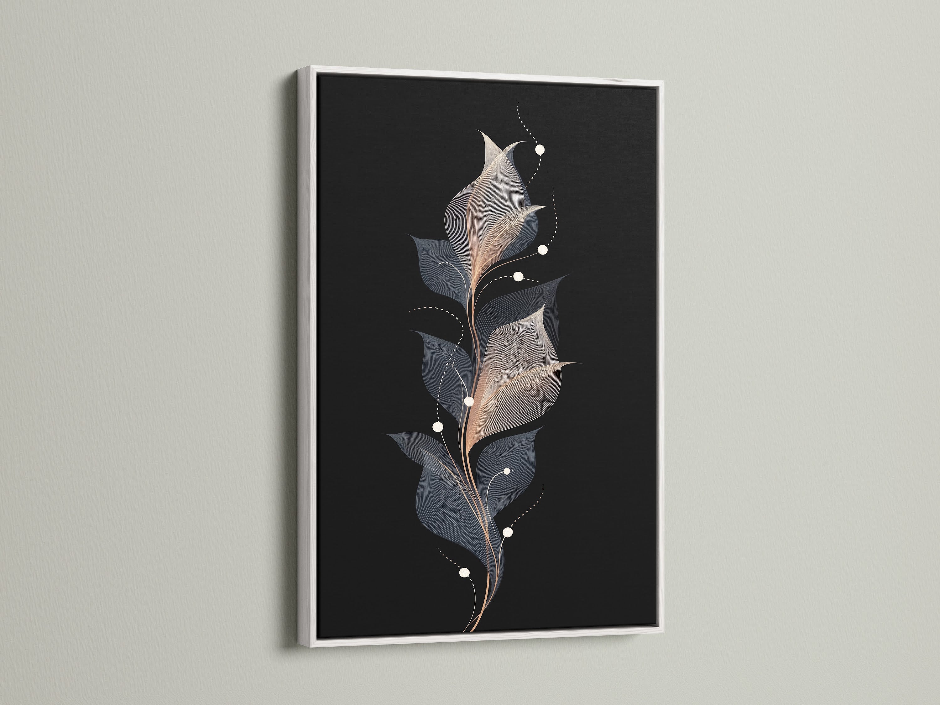 Floral line art canvas print in a white frame. This abstract flower wall art is a modern botanical artwork. It's perfect for a bedroom. Minimalist art will enhance your home. Consider this elegant flower illustration.