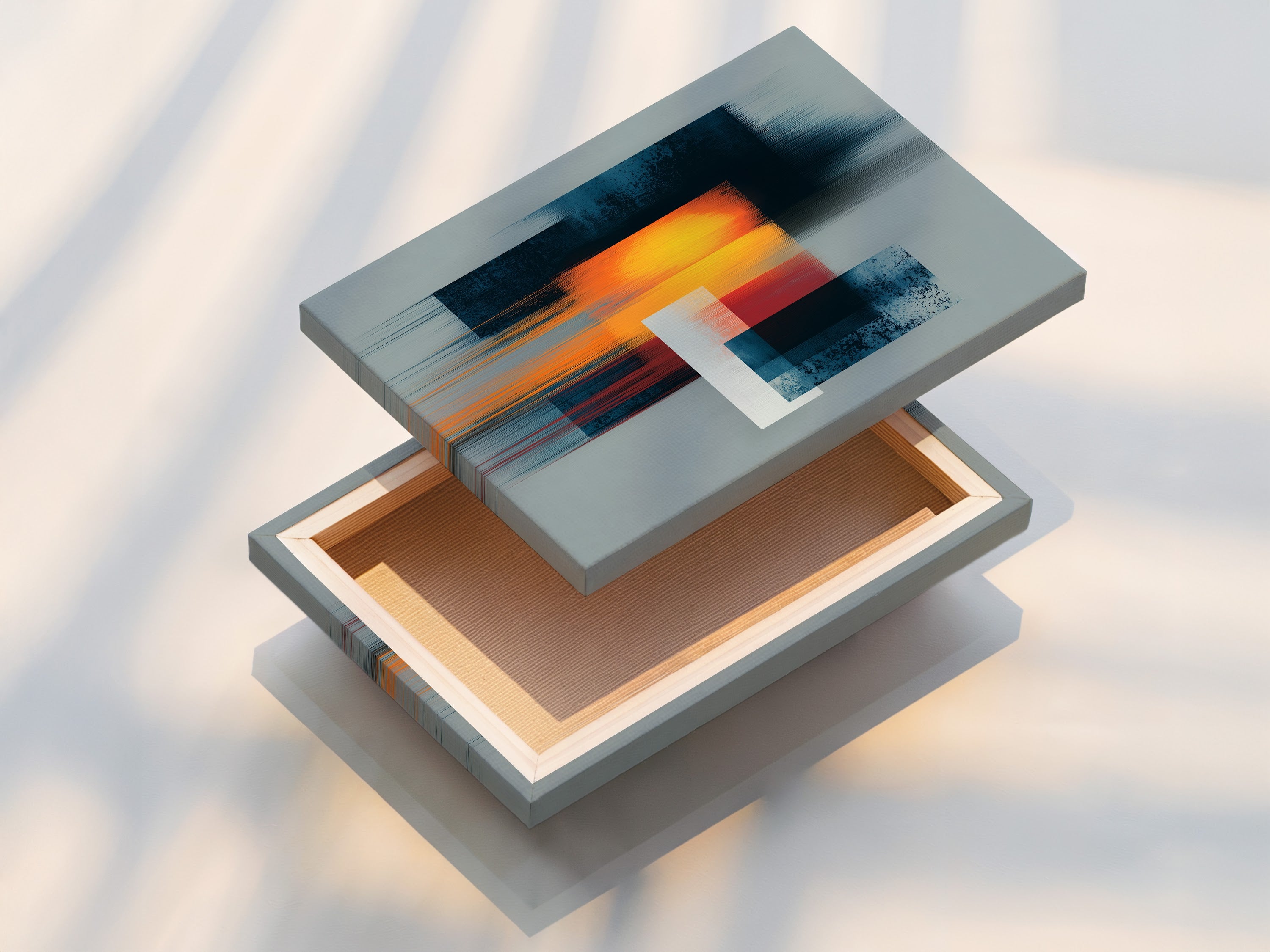 A stretched canvas print displays vibrant colors and textures. The canvas is tightly stretched over a wooden frame. This provides a gallery-ready appearance. This piece is perfect for adding depth to your decor. Explore our canvas art.