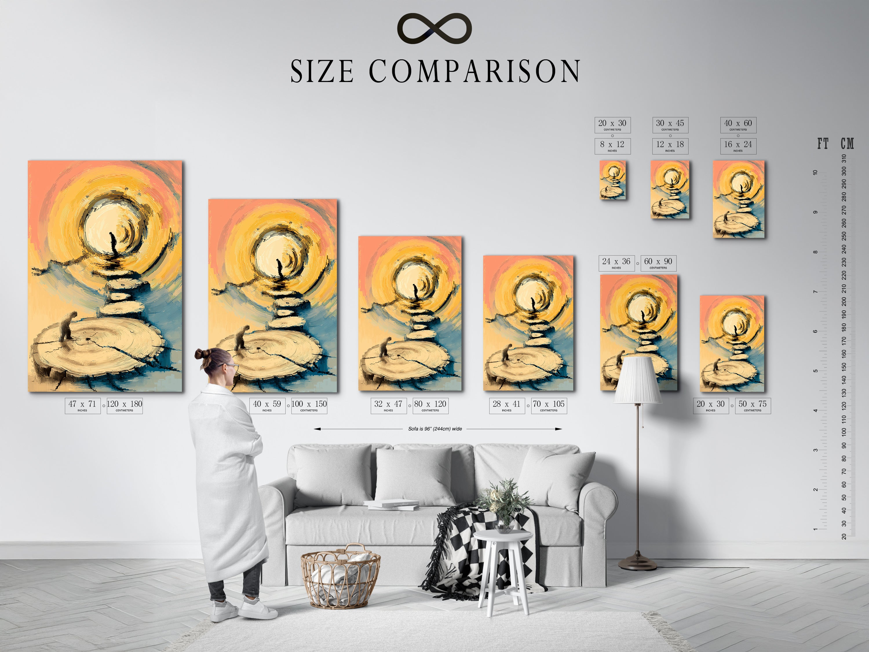 An interior scene shows a size comparison chart for artwork. The chart helps visualize the artwork's impact. It showcases various sizes of zen stone stack prints in a home setting. Find the perfect size for your space.