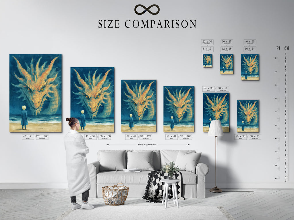 This size comparison chart helps you visualize the artwork. See how the dragon wall art fits in your interior. The mystical canvas art enhances any room. Choose the perfect size for your fantasy bedroom art. Plan your wall decor with this helpful chart.