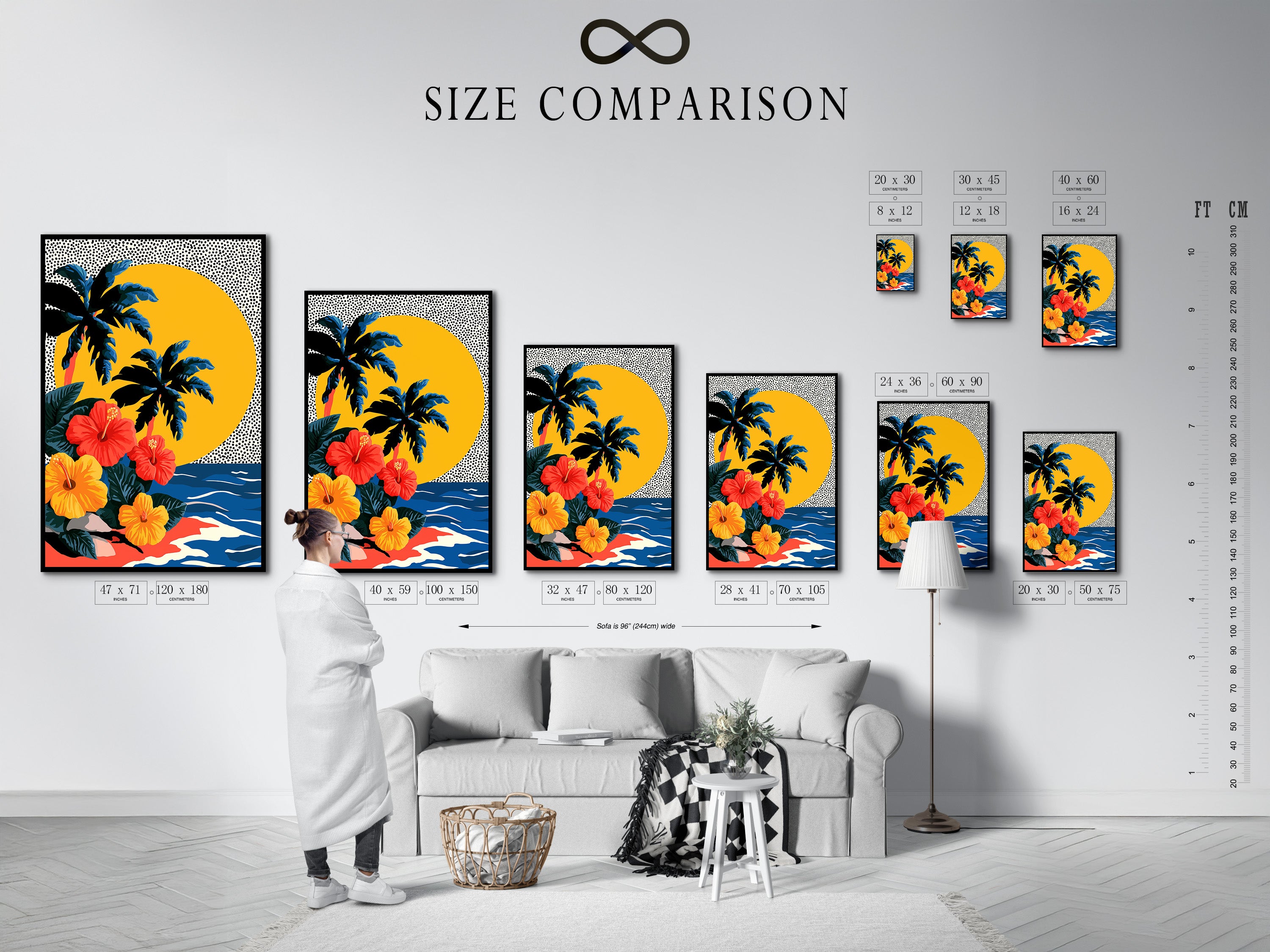 This image shows a size comparison chart in an interior setting. The chart displays various sizes of artwork. It helps customers visualize the scale of the prints. The artwork is mounted on a wall above a sofa. The size chart is a useful tool for interior decorating.