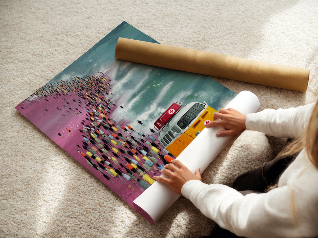 A woman rolling a fine art poster paper. The poster features an orange Volkswagen van on a beach with a crowd of people. This retro beach print is perfect for adding a vintage touch to any room. Ideal for surf room decor and coastal styles.