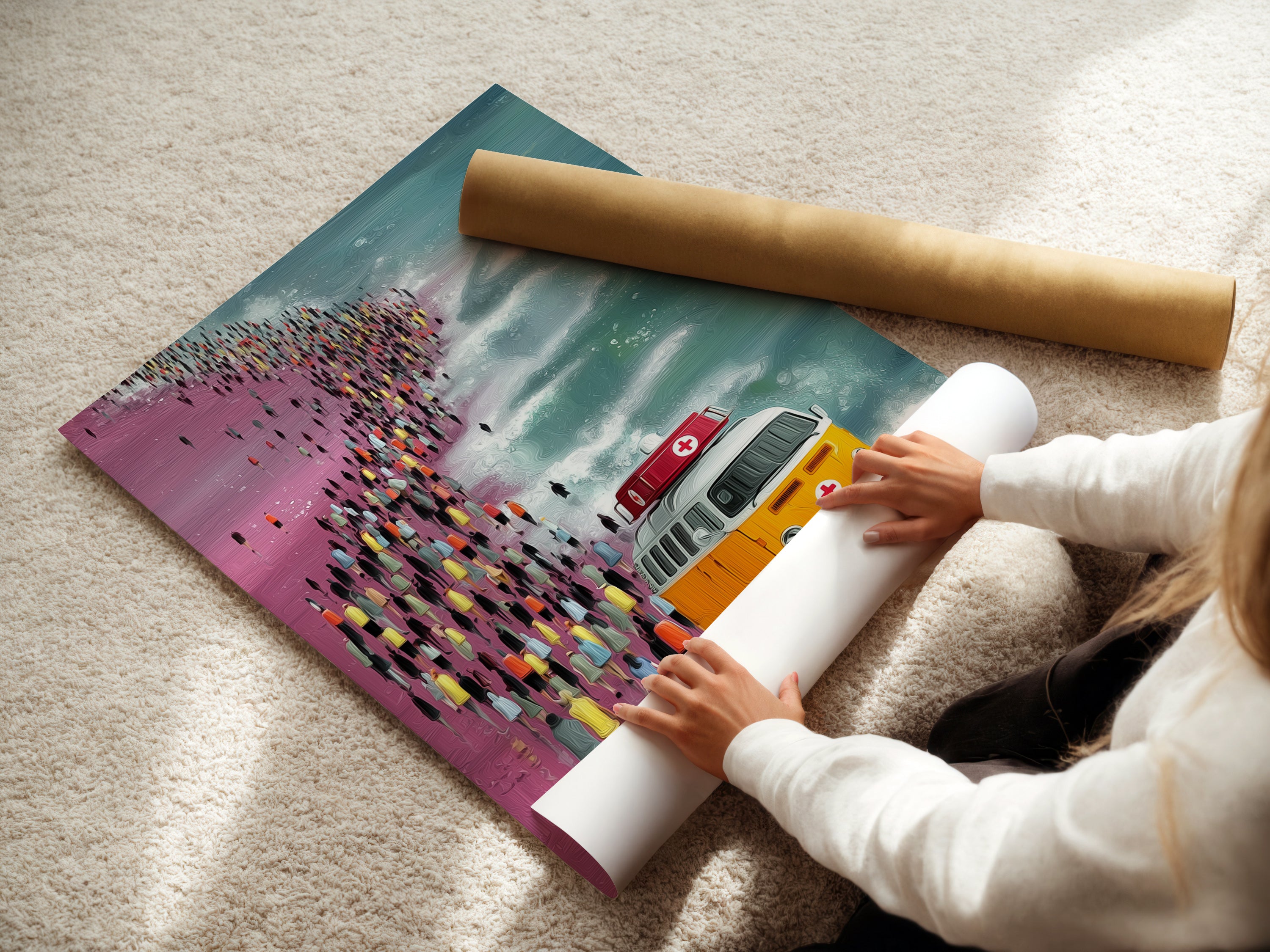 A woman rolling a fine art poster paper. The poster features an orange Volkswagen van on a beach with a crowd of people. This retro beach print is perfect for adding a vintage touch to any room. Ideal for surf room decor and coastal styles.
