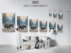Size comparison chart in an interior setting. See how different sizes of bison art fit your space. Visualize the impact of this wildlife canvas. Perfect for planning your rustic decor.