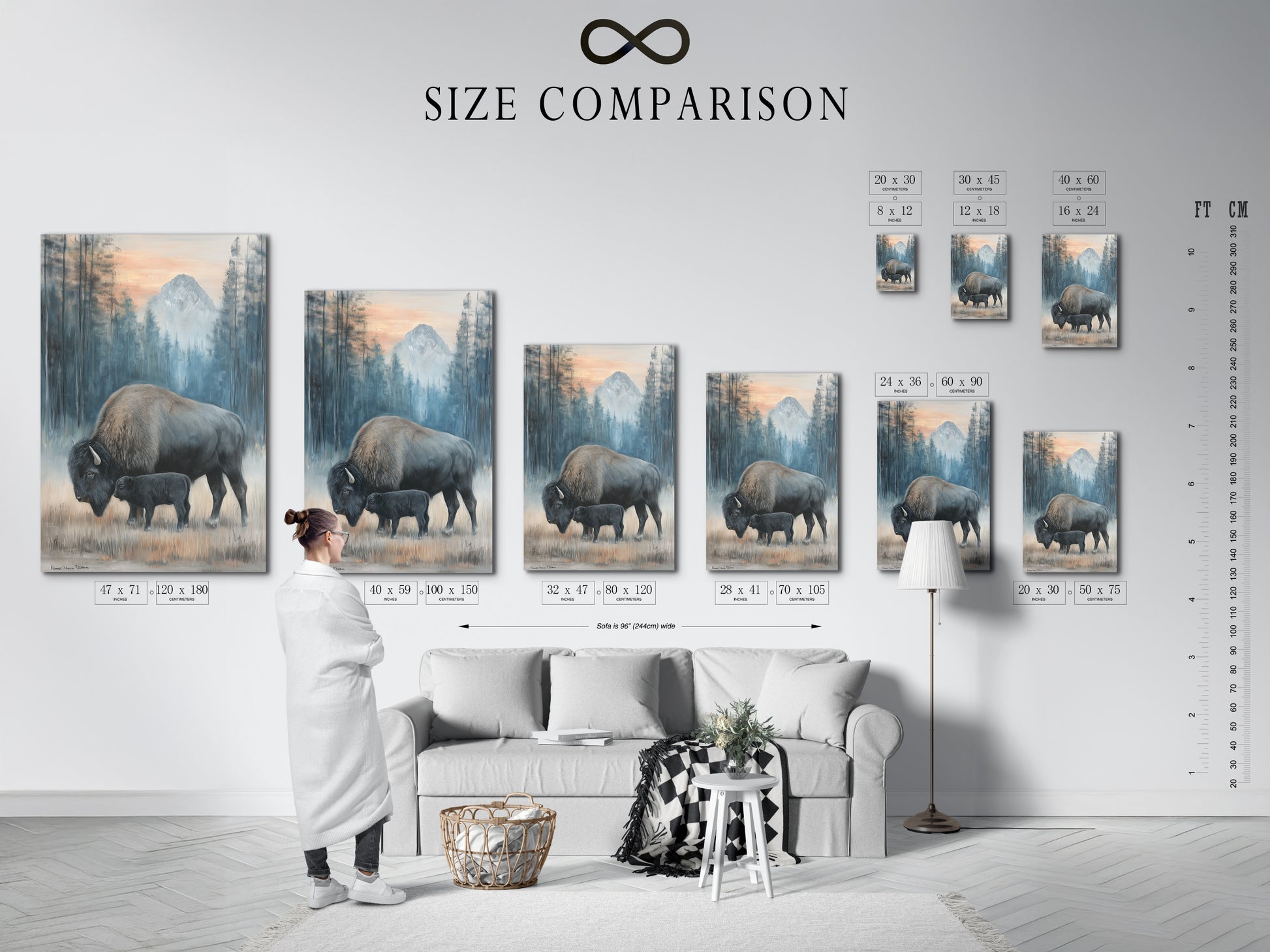 Size comparison chart in an interior setting. See how different sizes of bison art fit your space. Visualize the impact of this wildlife canvas. Perfect for planning your rustic decor.