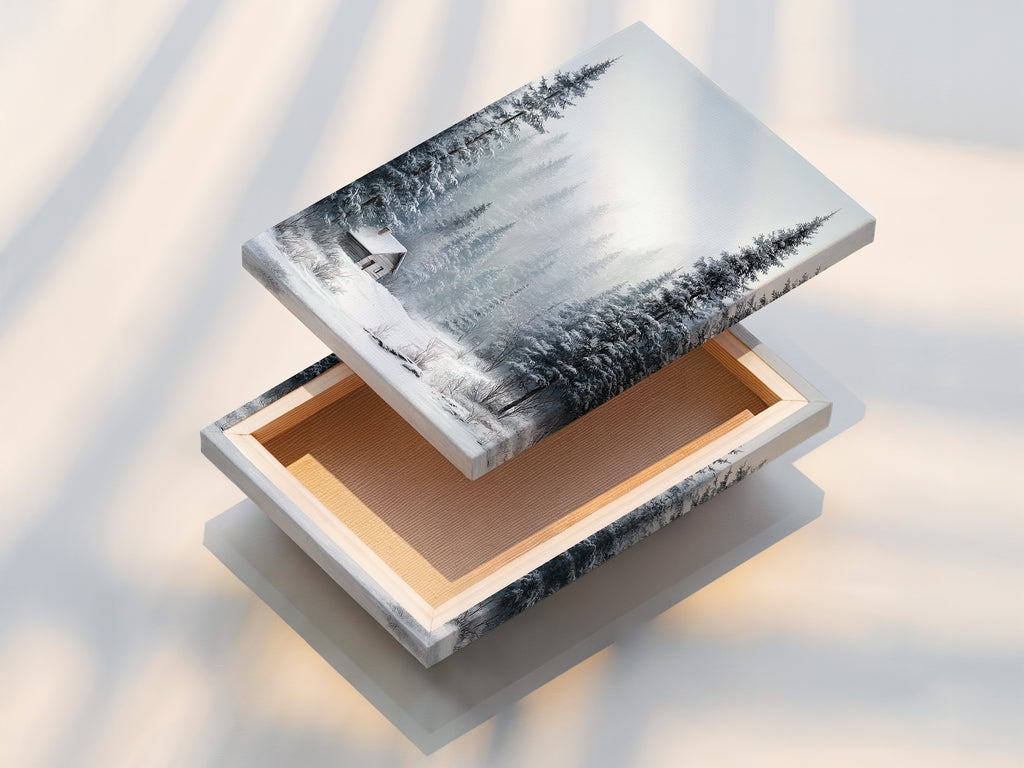 A stretched canvas print of the Winter Forest artwork. The artwork features snow-covered pine trees. A cozy cabin is nestled in a winter landscape. This ready-to-hang canvas adds rustic charm. Ideal for any room seeking cozy decor.