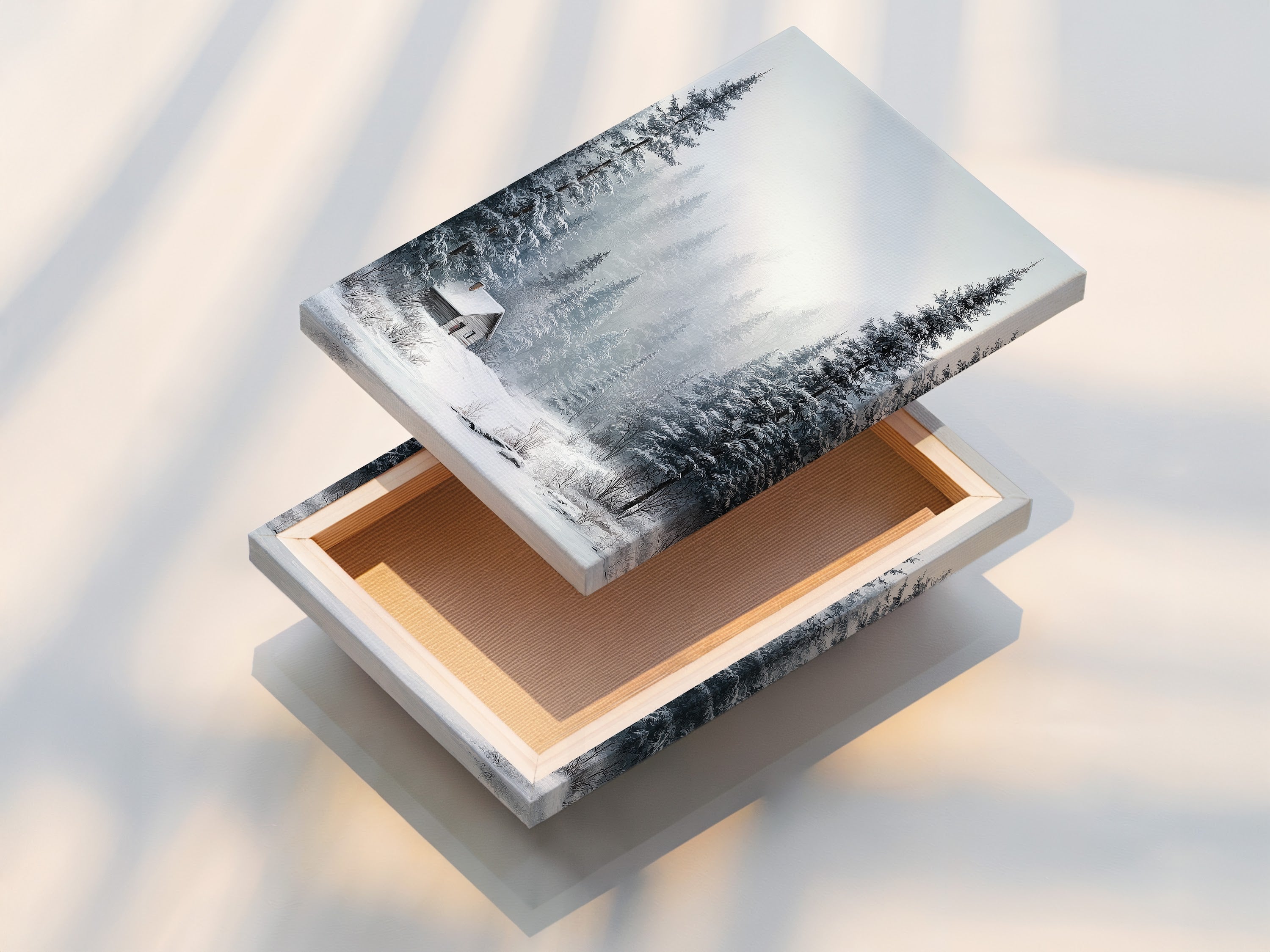 A stretched canvas print of the Winter Forest artwork. The artwork features snow-covered pine trees. A cozy cabin is nestled in a winter landscape. This ready-to-hang canvas adds rustic charm. Ideal for any room seeking cozy decor.