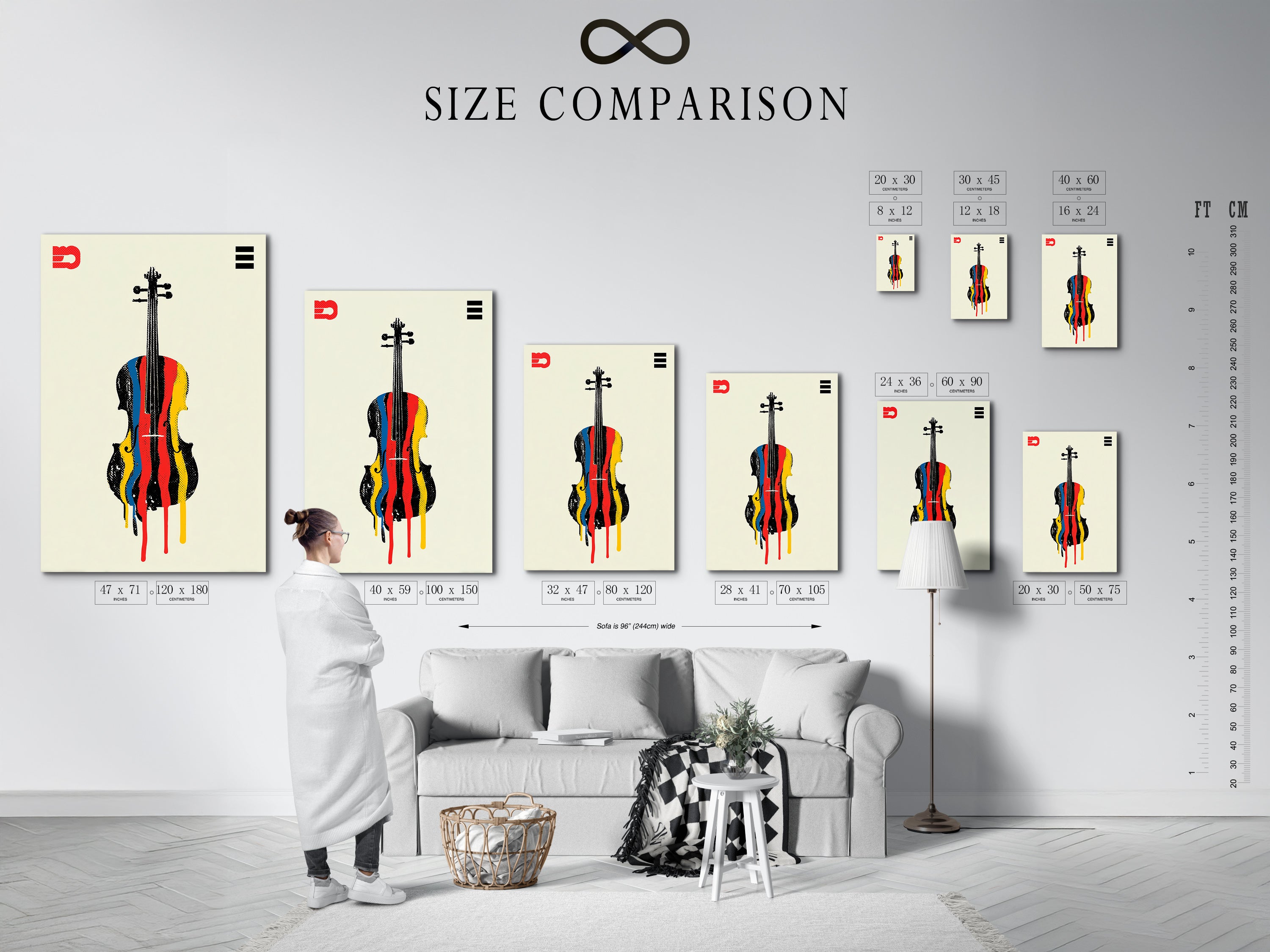 This size comparison chart shows the artwork in an interior setting. Visualize how the abstract violin art print fits in your space. The colorful orchestra art enhances any music room. See the impact of this modern musical instrument wall art