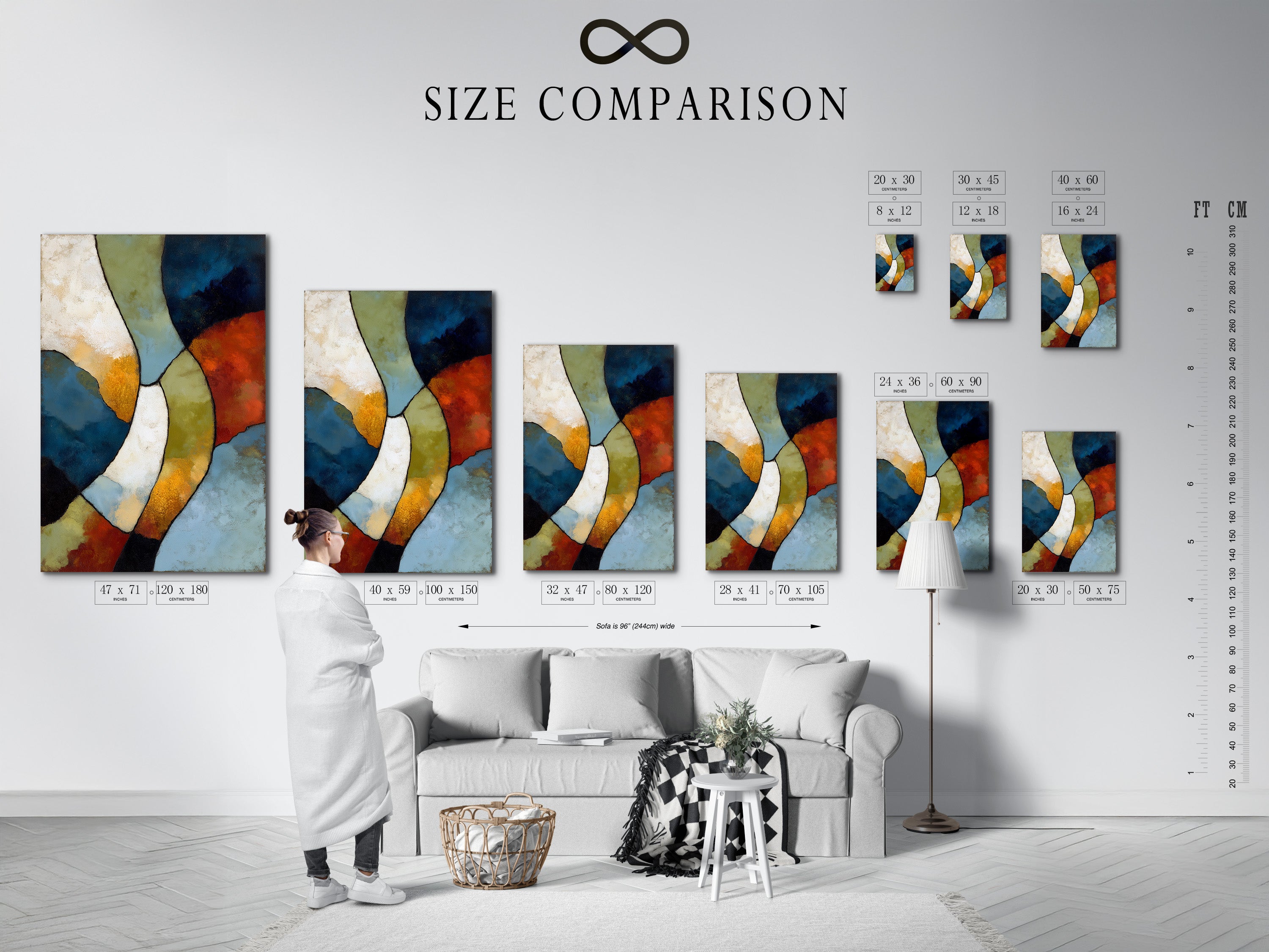 A size comparison chart displayed in an interior setting. The chart showcases various sizes of abstract geometric artwork. Options include stretched canvas prints fine art poster paper and floating frames. Find the perfect size for your space.