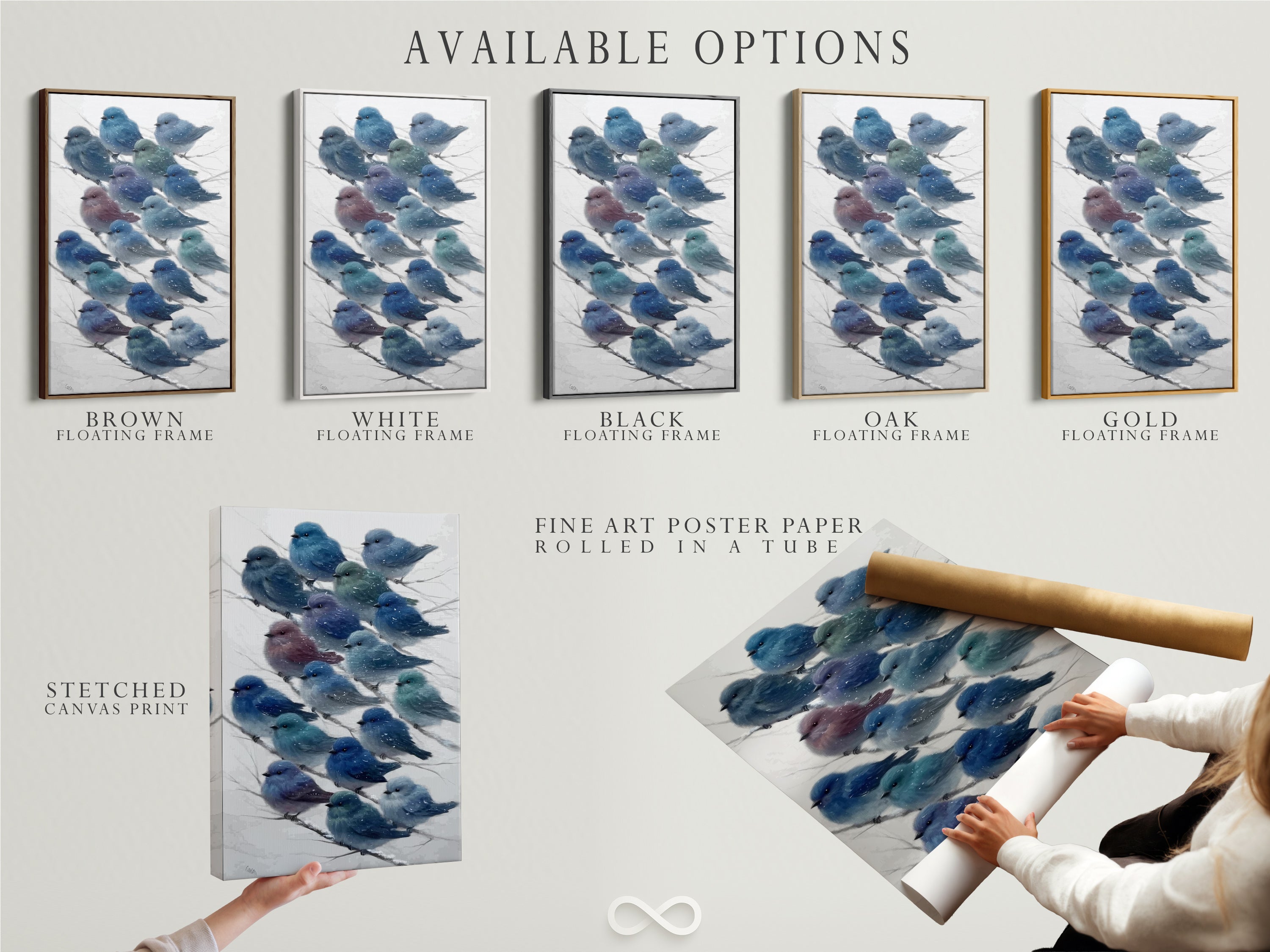 Available options for bluebird art are shown. Options include stretched canvas prints fine art poster paper and floating frames. The winter bird artwork can be customized. Choose the perfect format.
