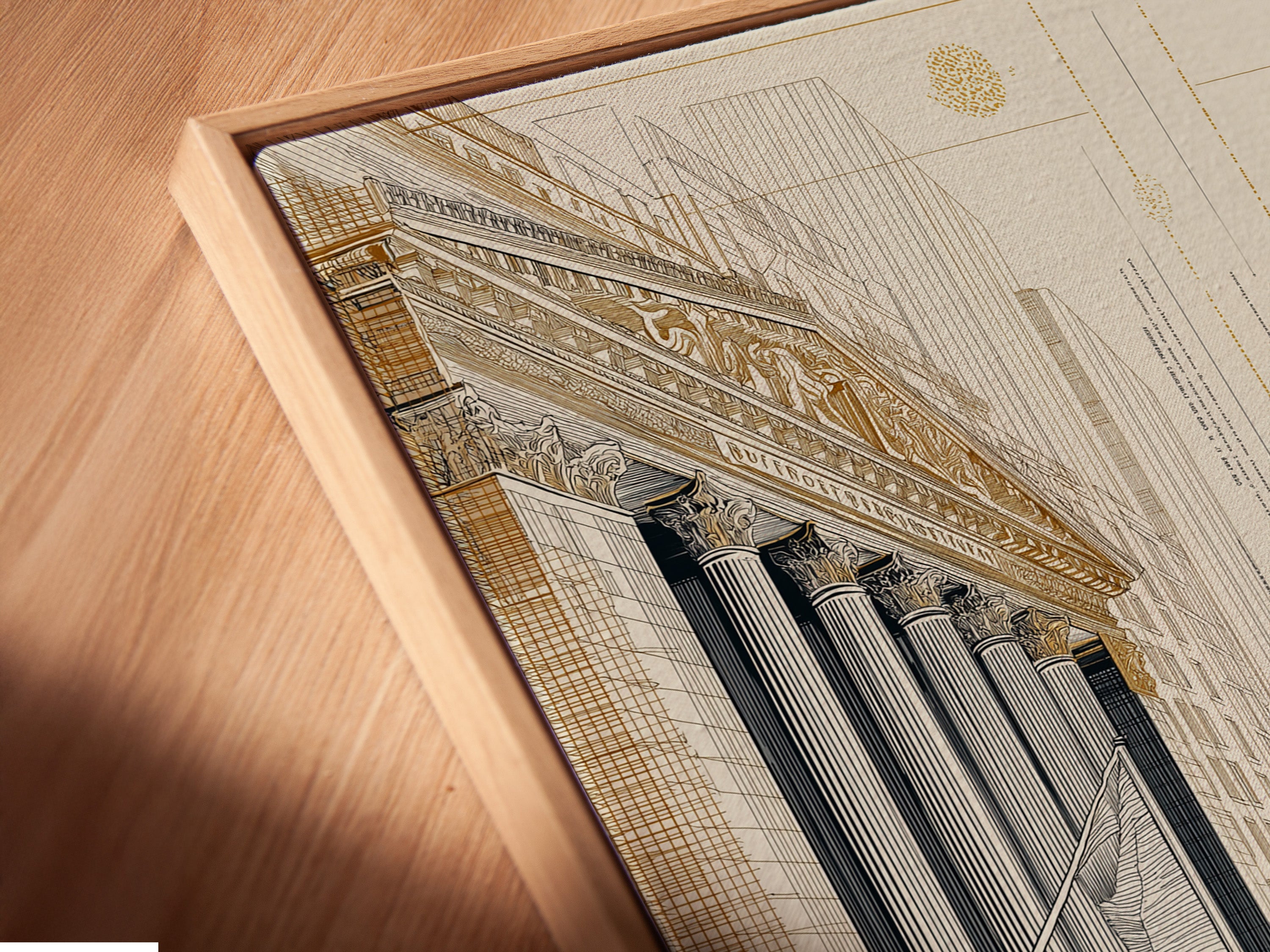 Close-up angled view of a canvas print in a floating frame. The floating frame gives a modern gallery-like appearance. Showcasing the artwork without direct contact. This enhances its visual impact.