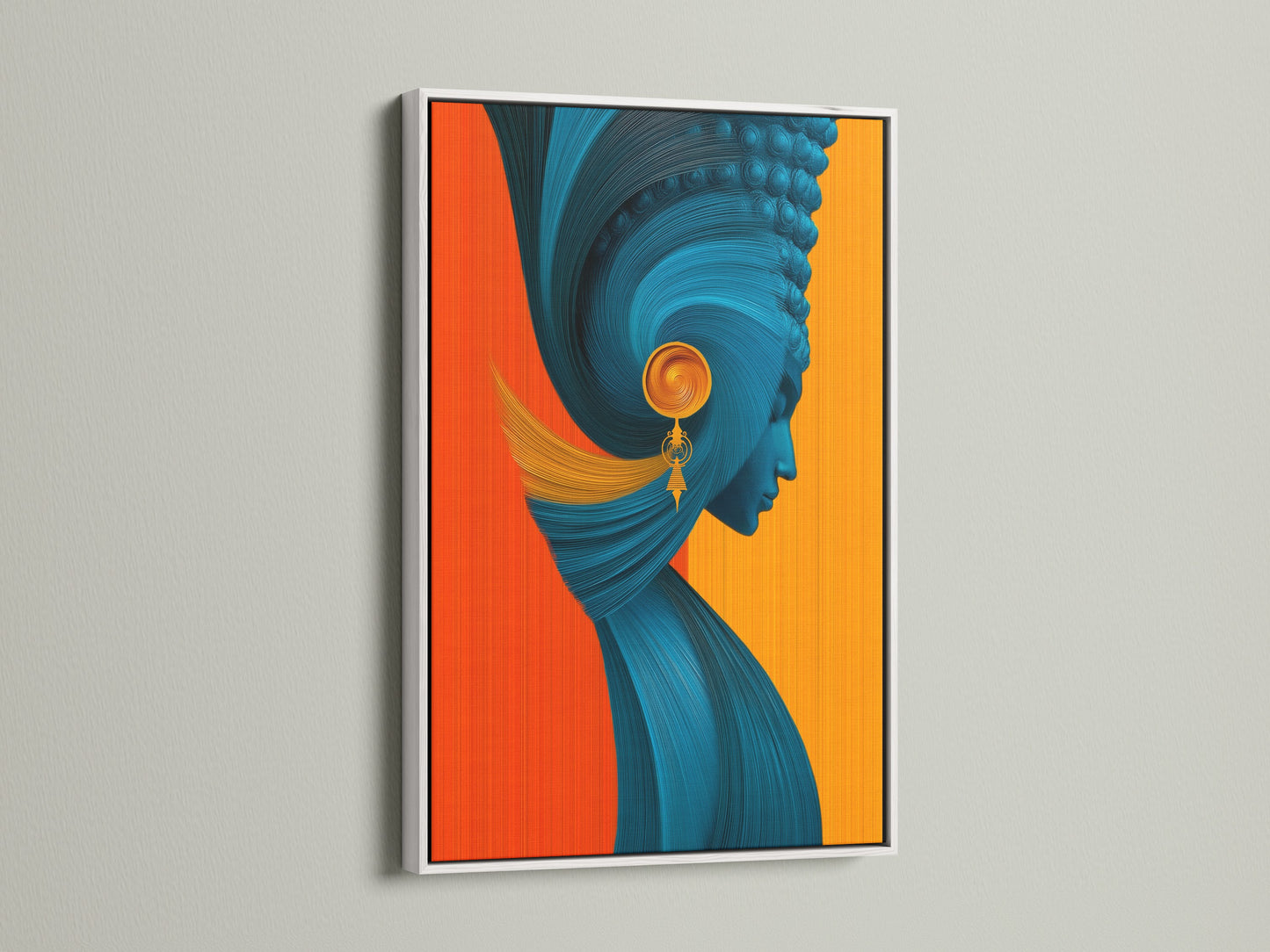 This modern artwork features a white frame. The crisp white border enhances the teal and orange art. The minimalist style makes it a versatile choice. Perfect for contemporary spaces seeking a fresh and clean aesthetic with abstract prints.