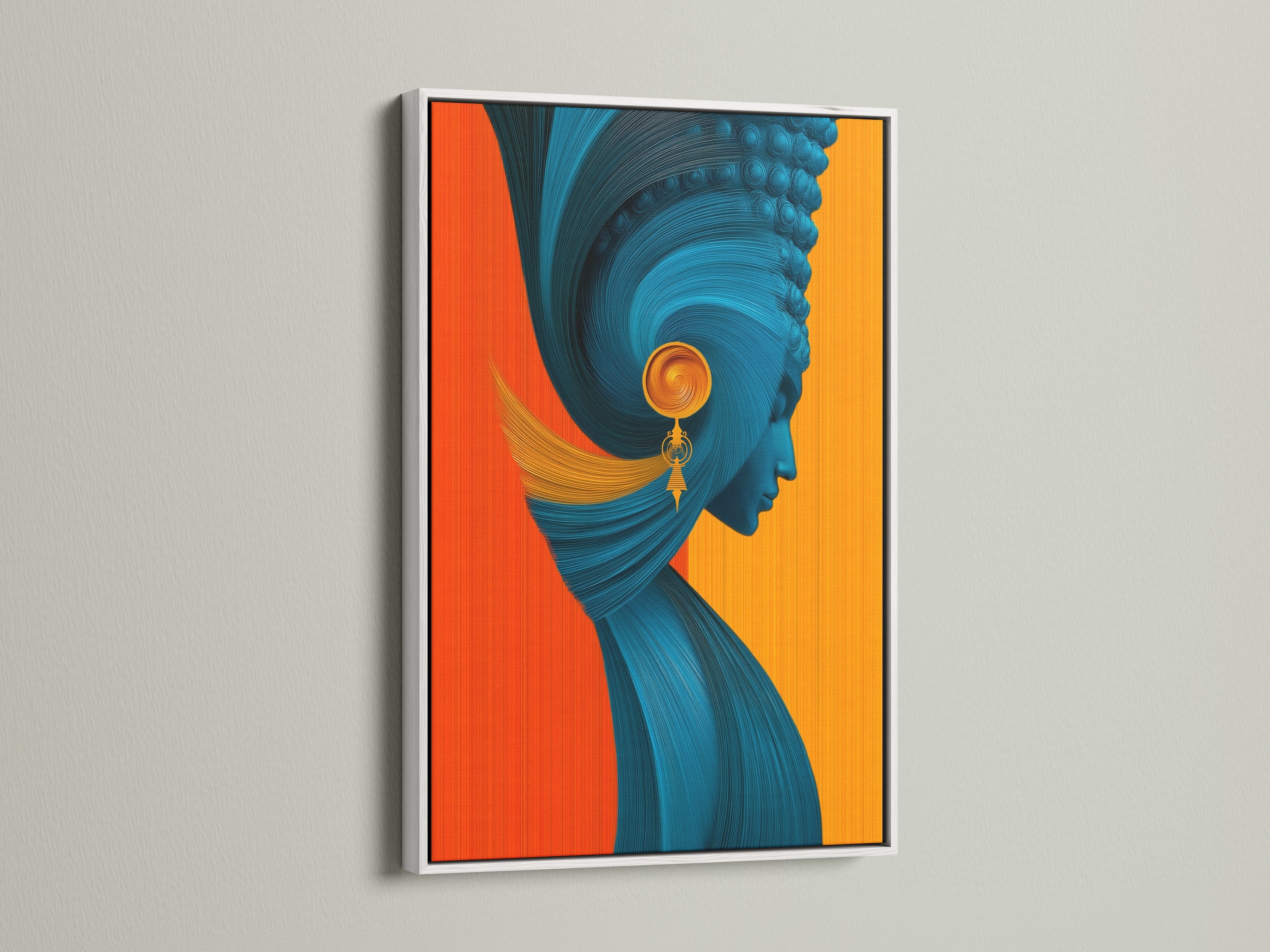This modern artwork features a white frame. The crisp white border enhances the teal and orange art. The minimalist style makes it a versatile choice. Perfect for contemporary spaces seeking a fresh and clean aesthetic with abstract prints.