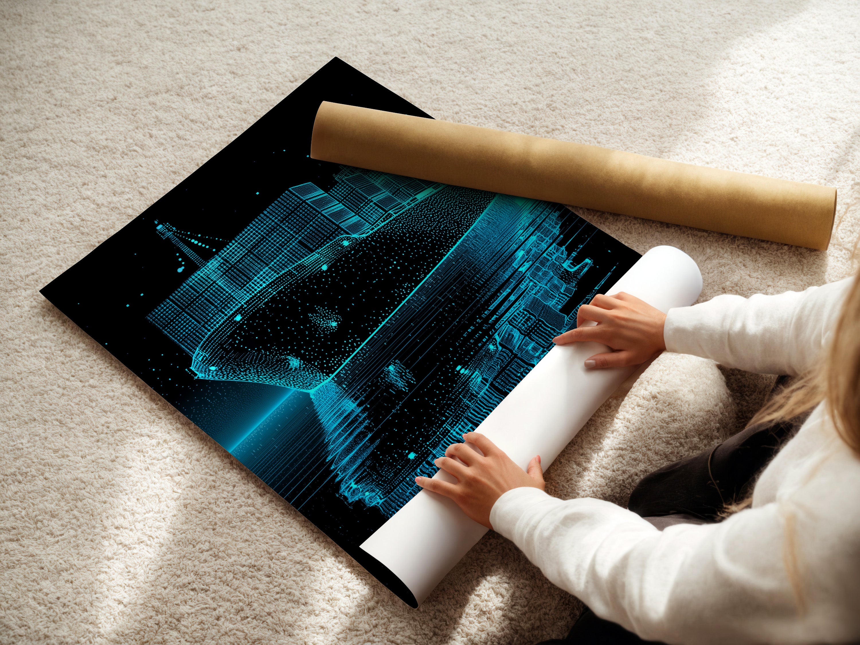 A woman is carefully rolling a fine art poster paper. The poster paper is handled with care to prevent any creases or damage. This ensures the artwork is pristine and ready for framing. The process highlights the attention to detail in preserving fine art prints.