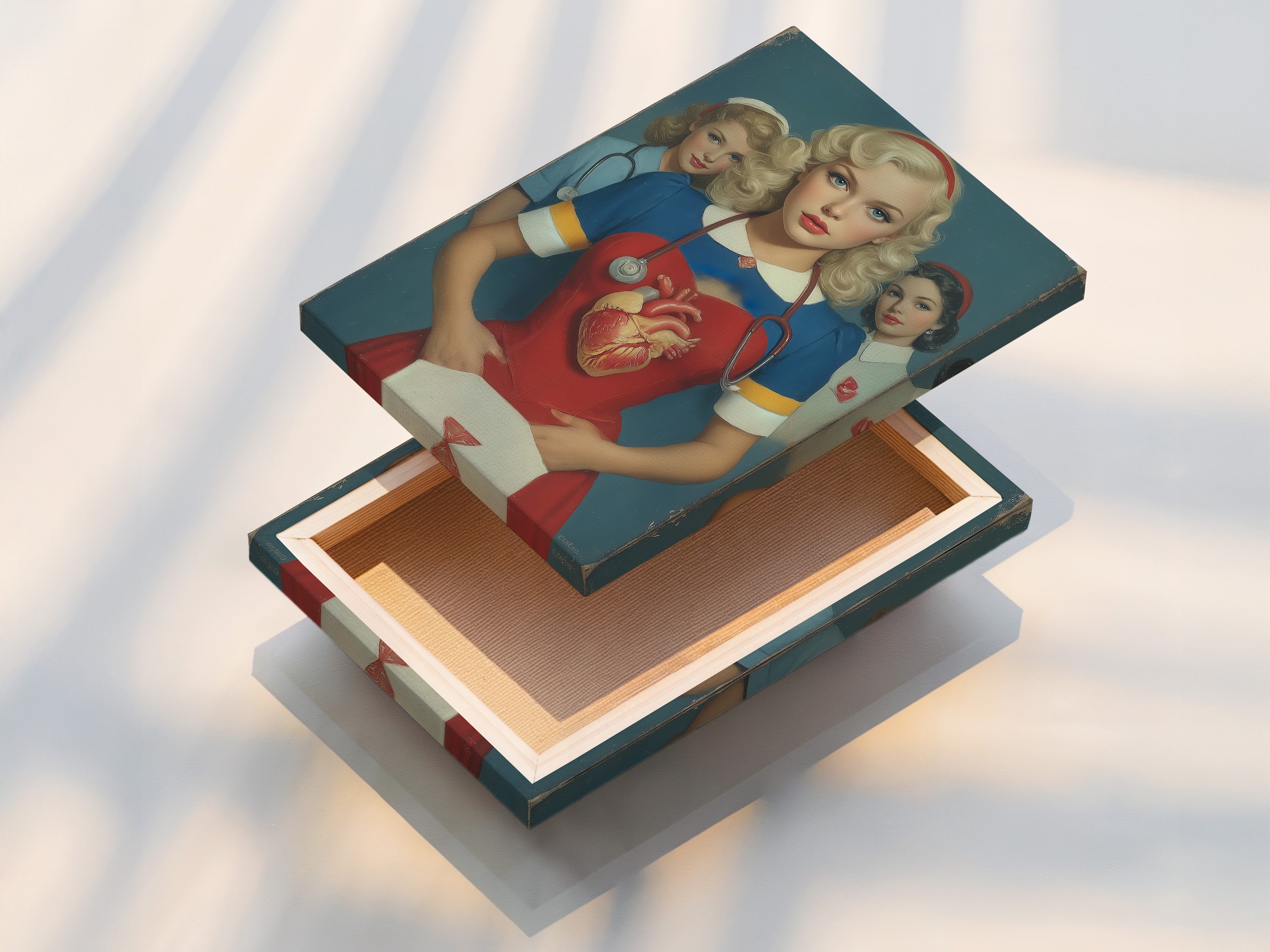 A stretched canvas print displays the vintage nurse artwork. The canvas adds texture and depth to the artwork. This retro medical wall art is ready to hang and enjoy. It's a perfect gift.