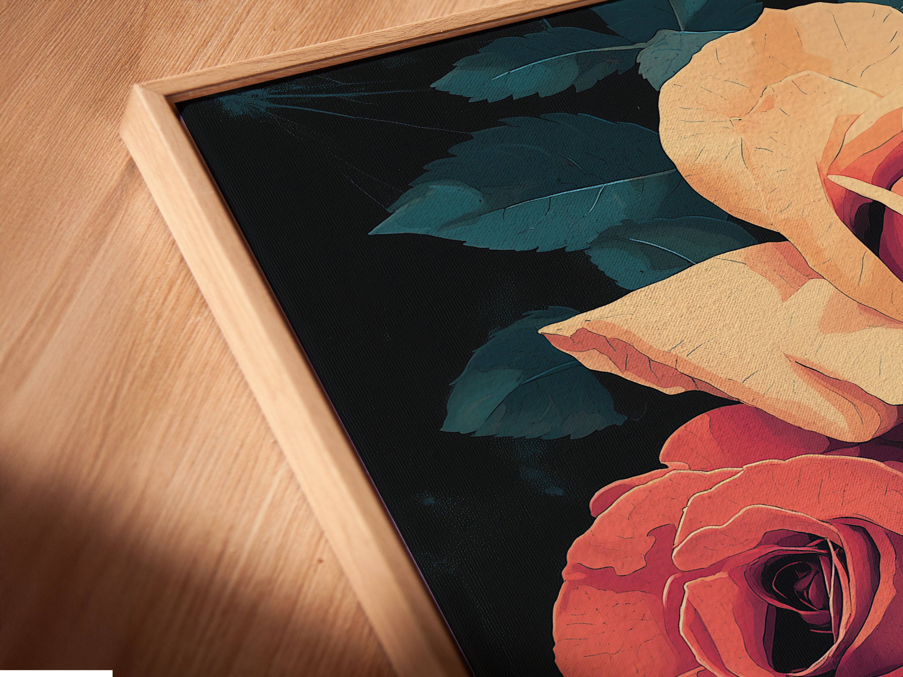 A close-up view showcases a canvas print in a floating frame. The artwork features peach and coral roses. The floating frame adds depth and elegance. Perfect for modern homes and offices. This enhances the floral art