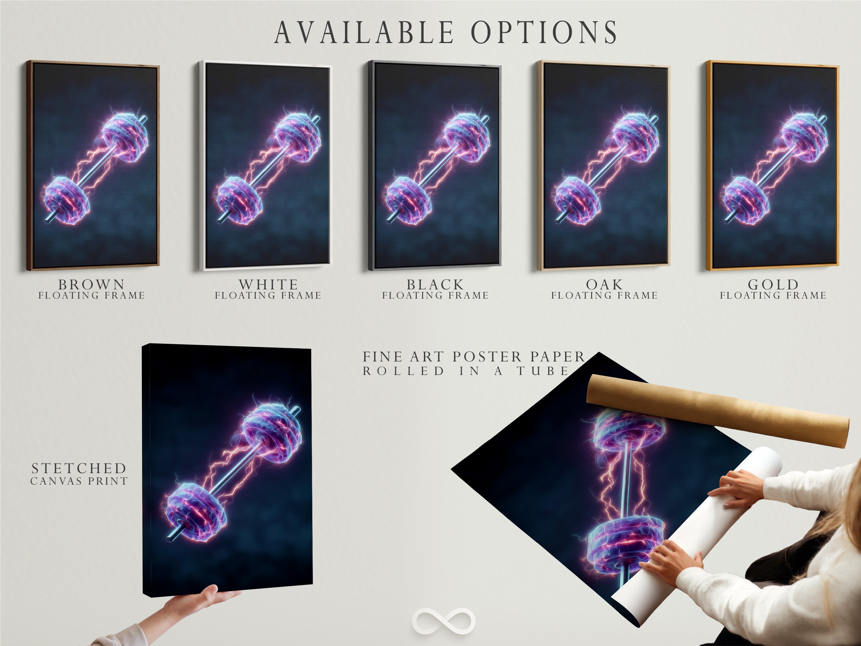 Available options for the Neon Dumbbell artwork. Choose from a stretched canvas print fine art poster paper or a floating frame. This electric gym wall art is perfect for home gym decor. Customize your fitness motivation piece. Ideal for any fitness studio or weightlifting room.