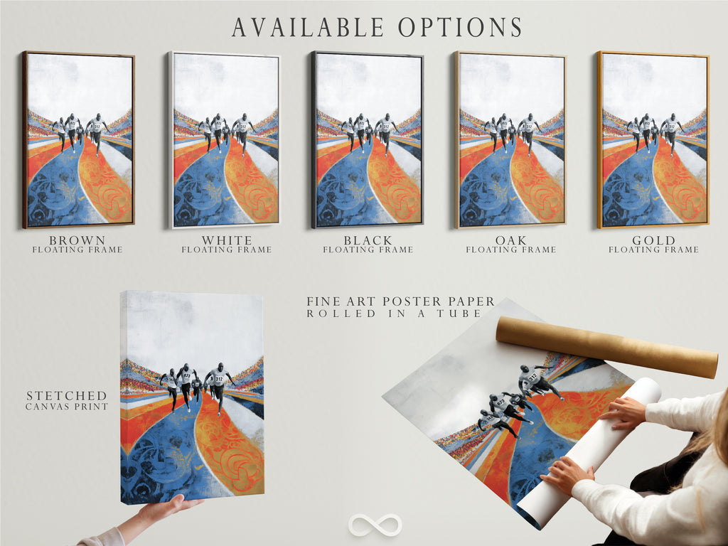 Available options include a stretched canvas print fine art poster paper and floating frame. Customize your marathon runners artwork to fit your style. Choose the perfect format for your sports wall decor and athletic artwork needs. Add sports motivation to any room.