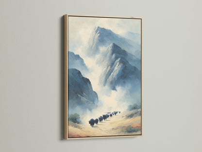 This artwork features an oak frame. The buffalo art print is perfect as mountain canvas. It brings nature indoors. The oak frame complements the rustic style. The artwork enhances your living room art or office wall decor. This animal artwork is great for ranchers and outdoor enthusiasts. A fine art piece with a natural touch.