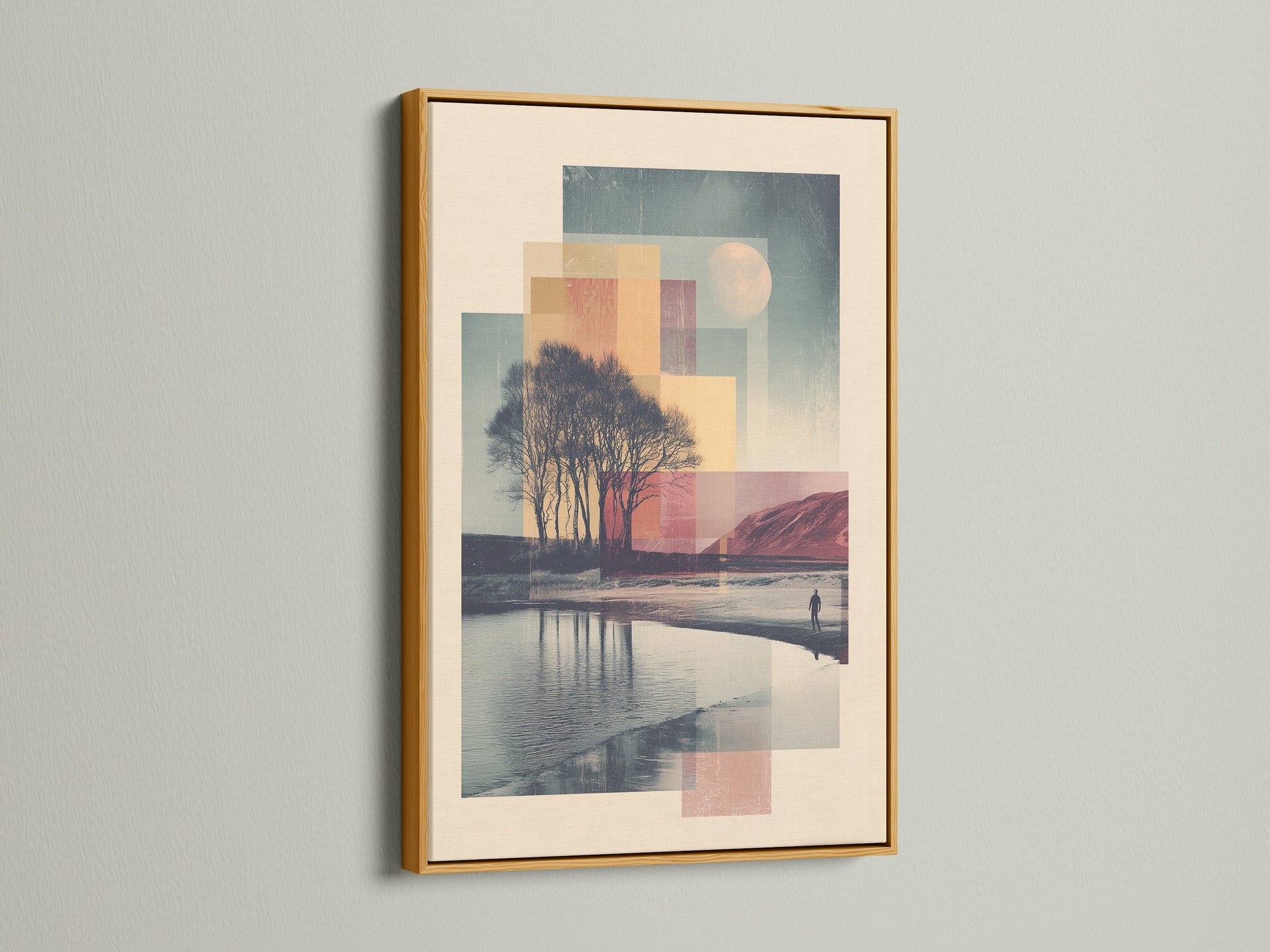 Gold Frame. The artwork features a serene landscape. It has a body of water and trees. This gold frame adds a touch of luxury. It is perfect for displaying your favorite artwork.